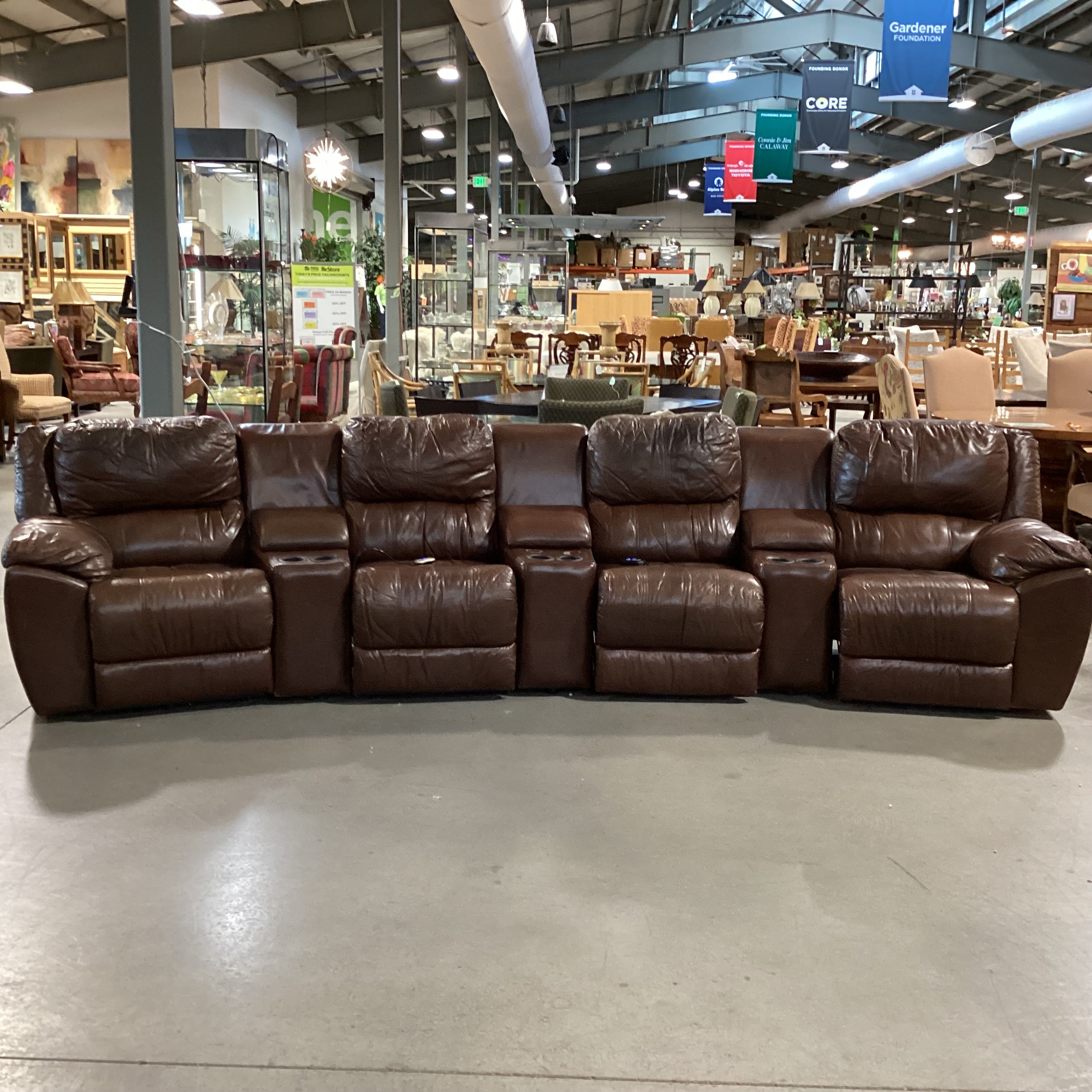 Benson Home Palliser Amaretto Leather 7 Piece with 4 Power Recliners & 3 Consoles Theater Sectional 157"x 41" to 69"x 36"th