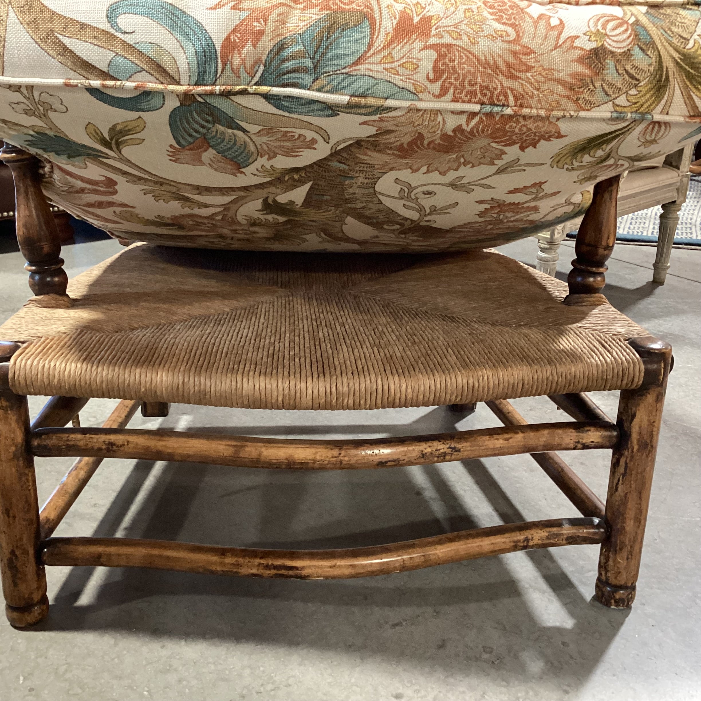 Carved Wood Rush Seat & Floral Belgian Linen Nailhead Chair 32"x 32"x 40"