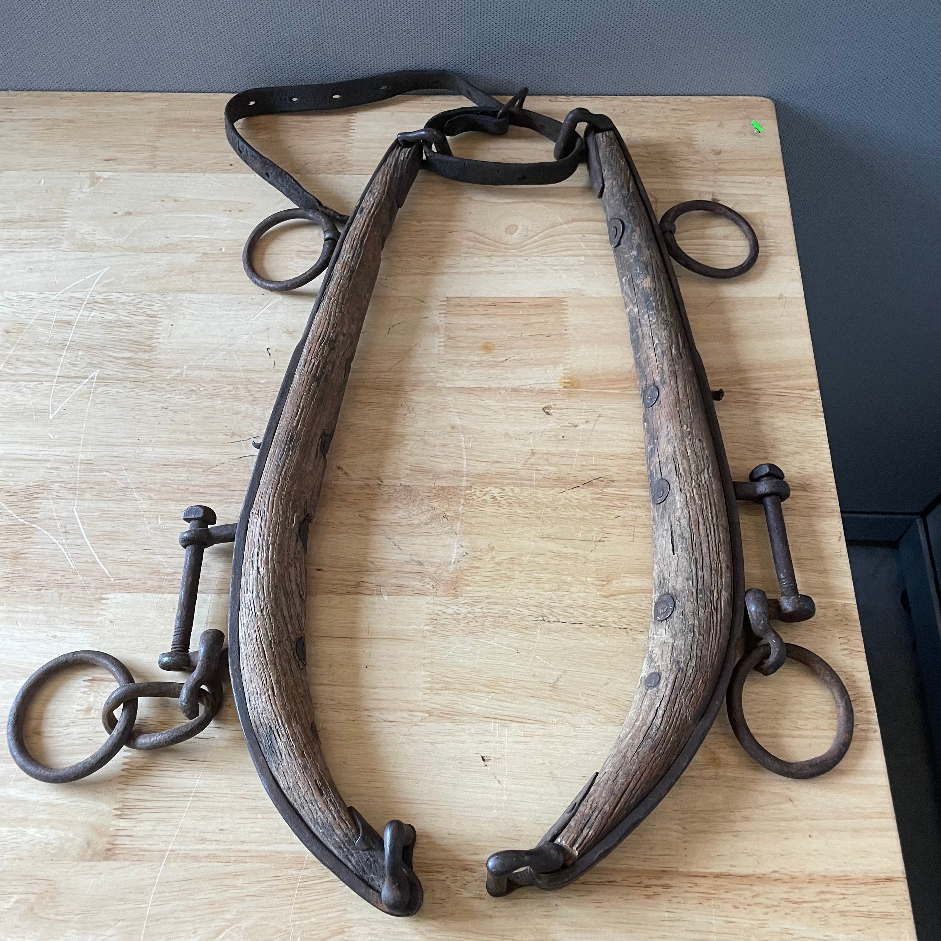 Antique Rustic Wood/Cast Iron Horse Hames, Pair, 21"