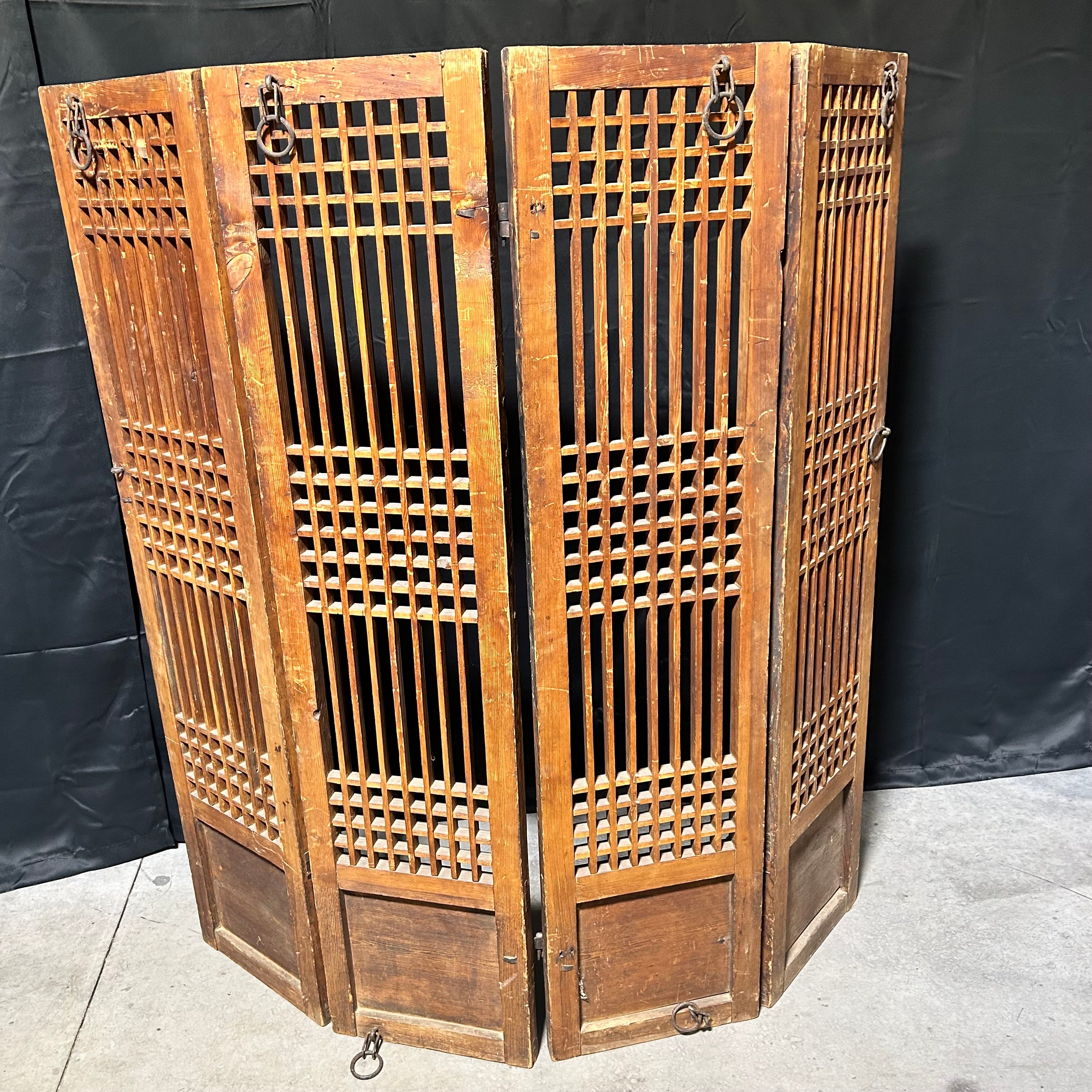 Oriental Antique Four-Panel Wooden Screen With Iron Hardware 62"x 64"