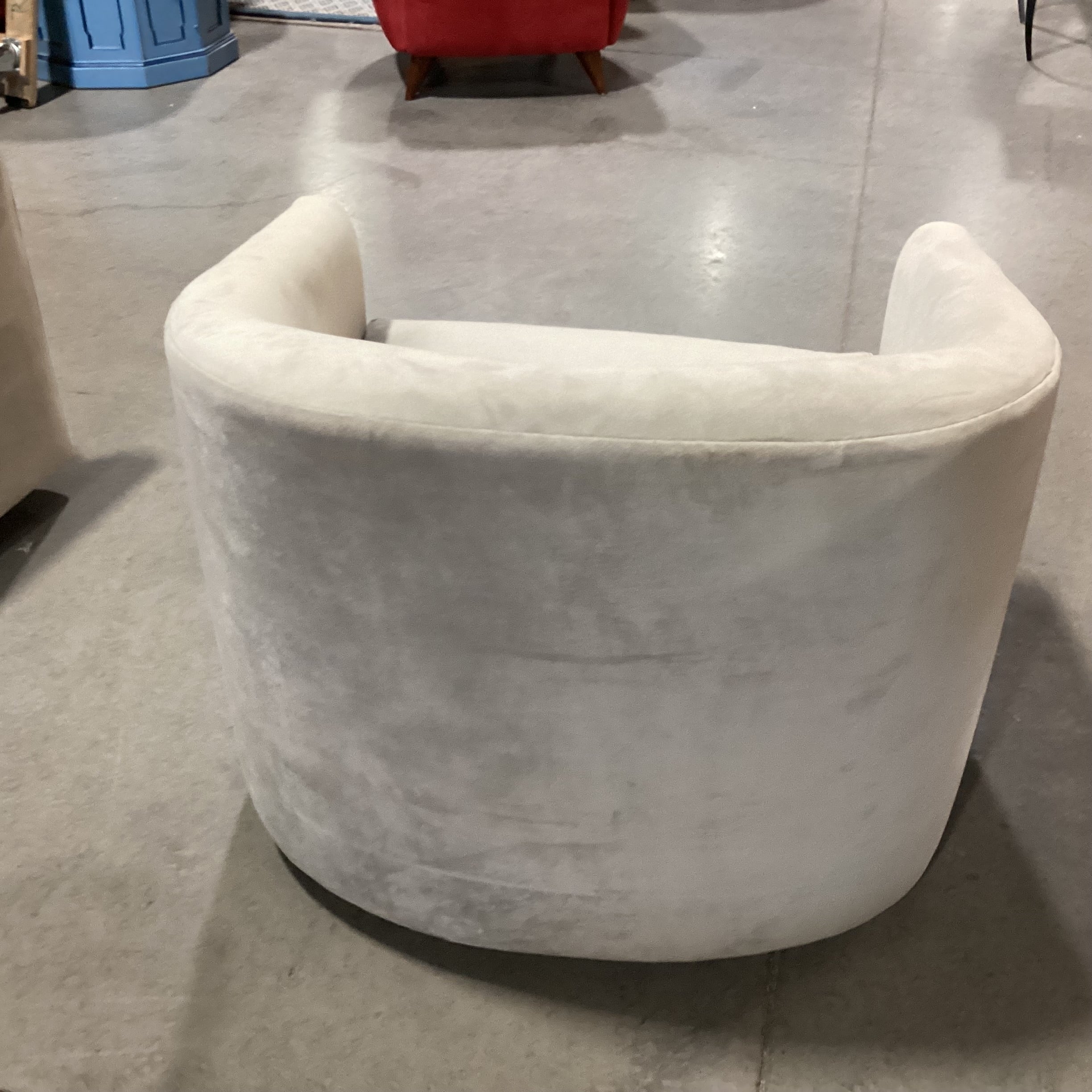 Custom Grey Velvet Swivel Barrel Chair 34"x 32"x 29"