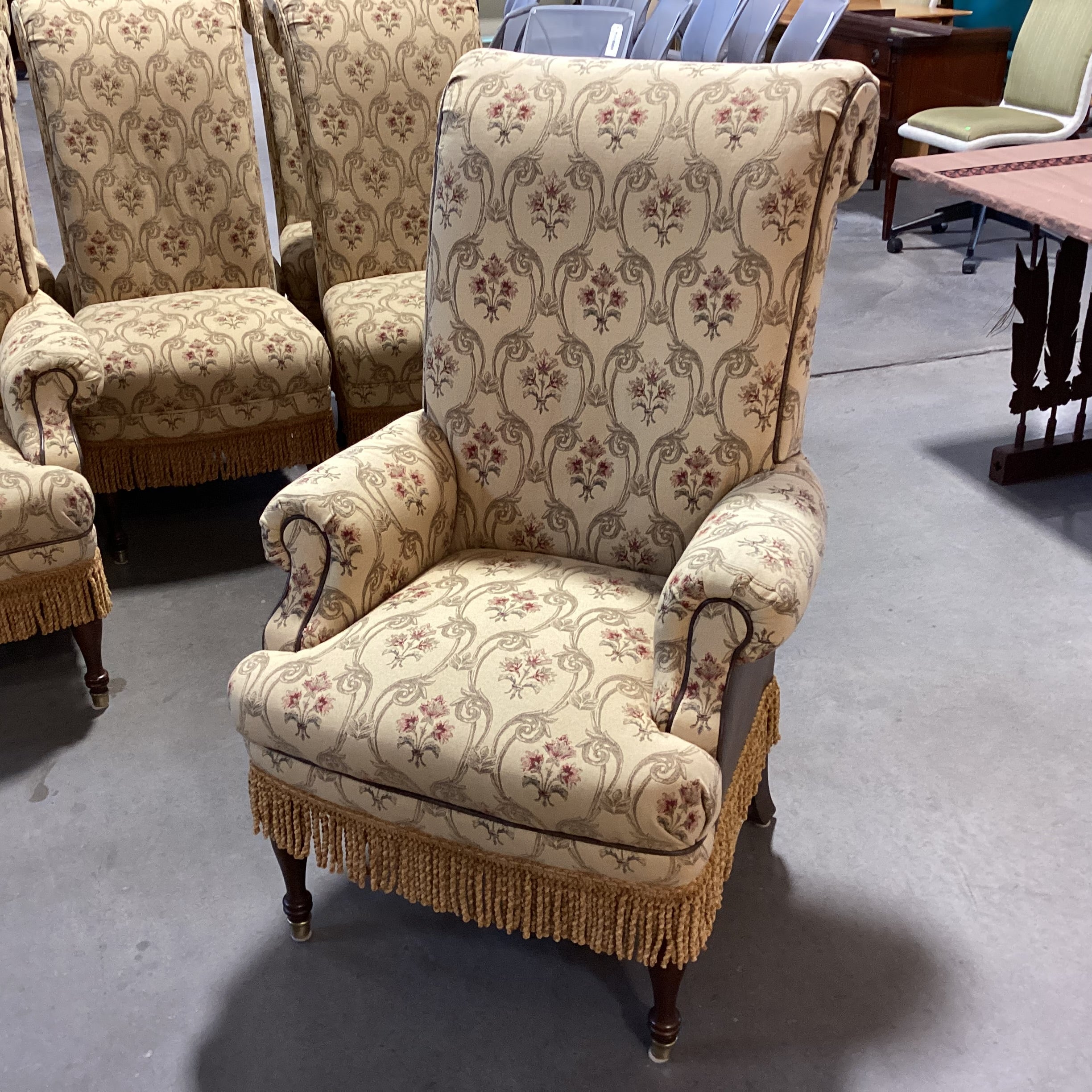 SET of 10 Custom Gold with Ornate Red Floral Leather & Fringe Roll Arm Back Dining Chairs 23"x 30"x 46"