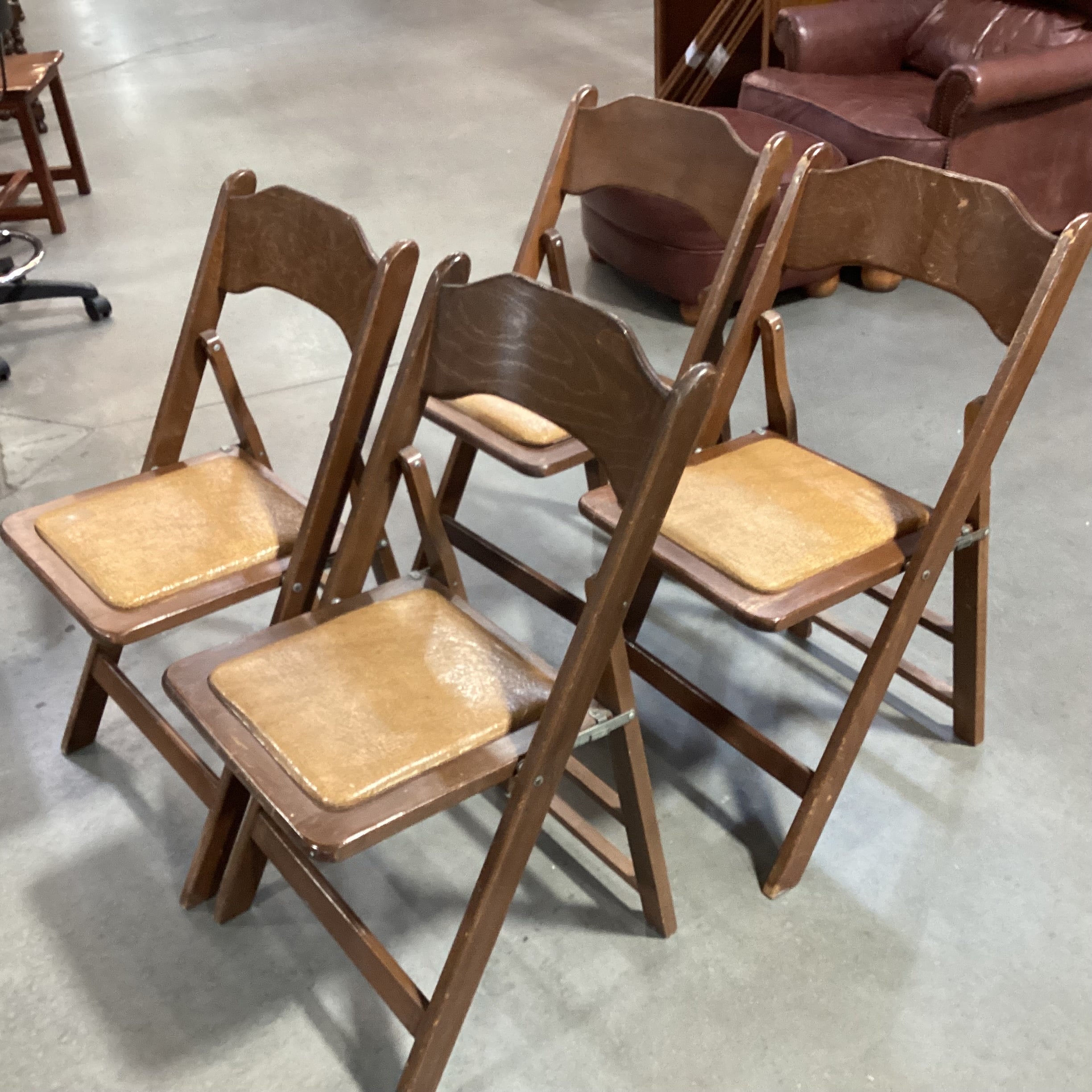 SET of 4 Vintage Wood with Faux Leather Seat Folding Dining Chairs 17"x 19"x 32"