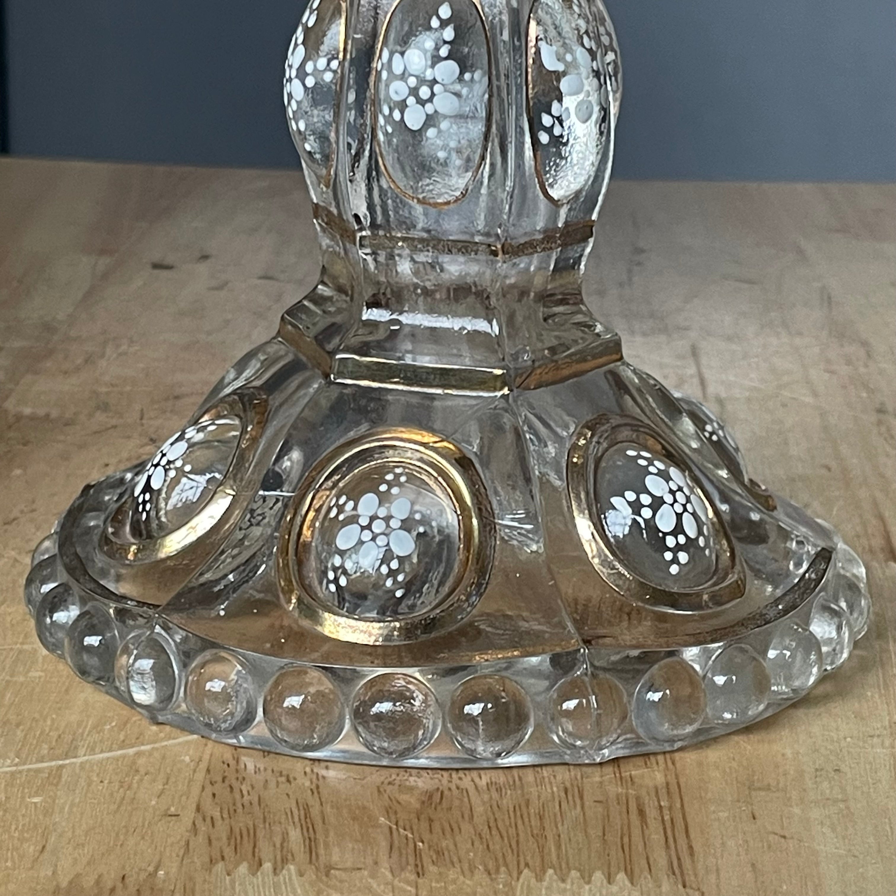 Antique 1850's Baccarat Style Gold Trim White Enamel Detail Pressed Glass Candelabras, Pair
