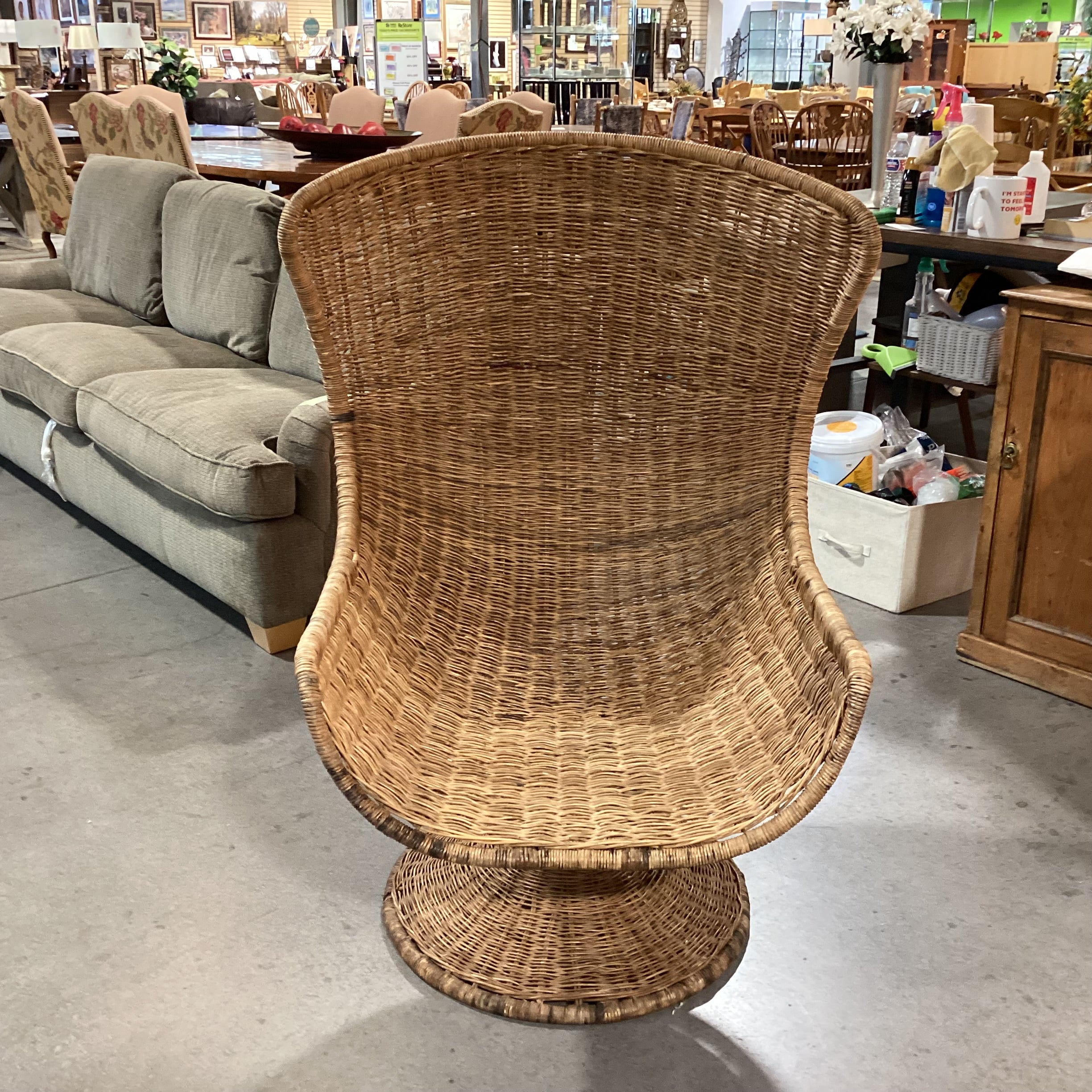Vintage Wicker Swivel Rock with Sheepskin Chair 30"x 30"x 48"