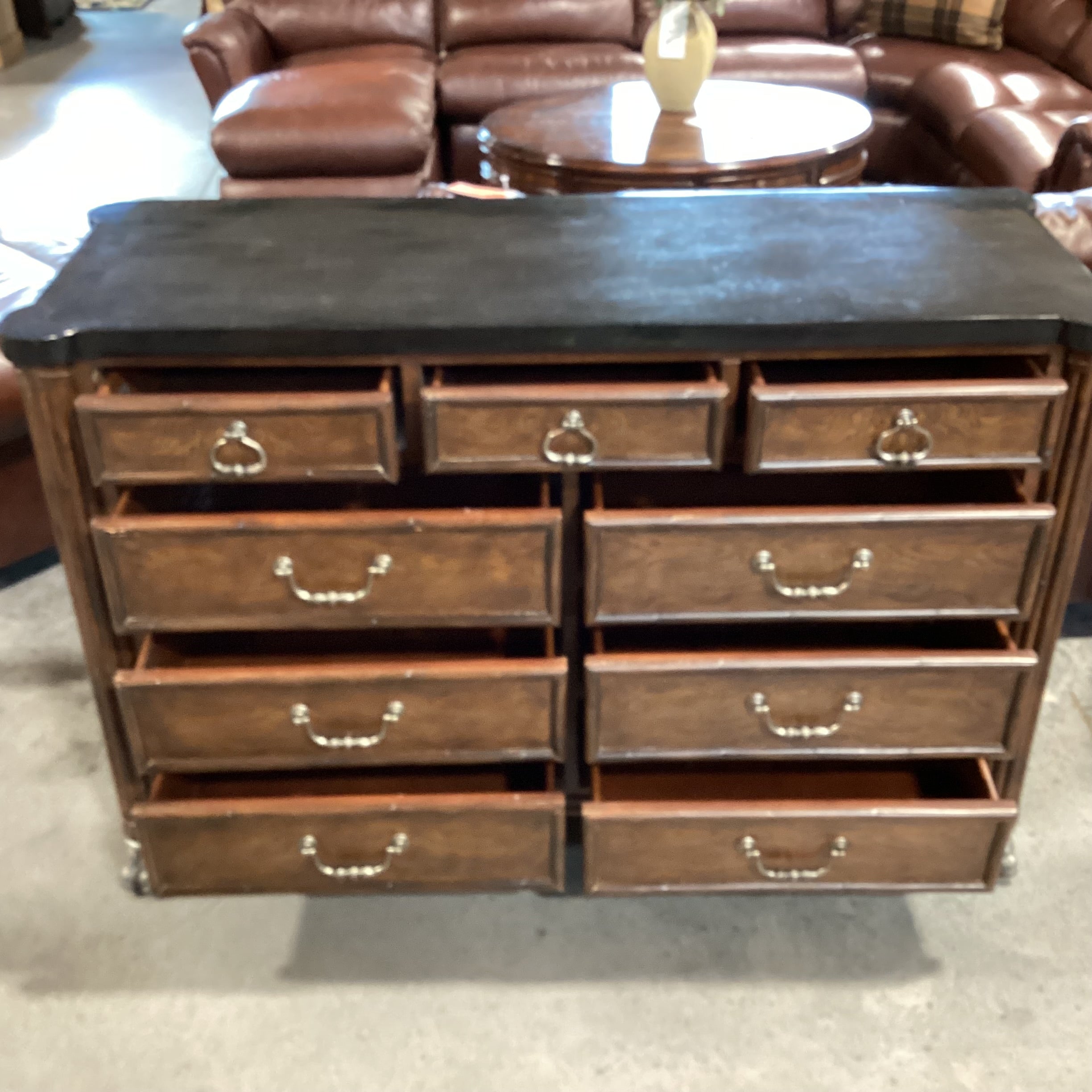 Thomasville Ernest Hemingway Collection Dark Finished Wood Black Faux Stone & Clawfoot Feet 9 Drawer Dresser 60"x 22"x 40"