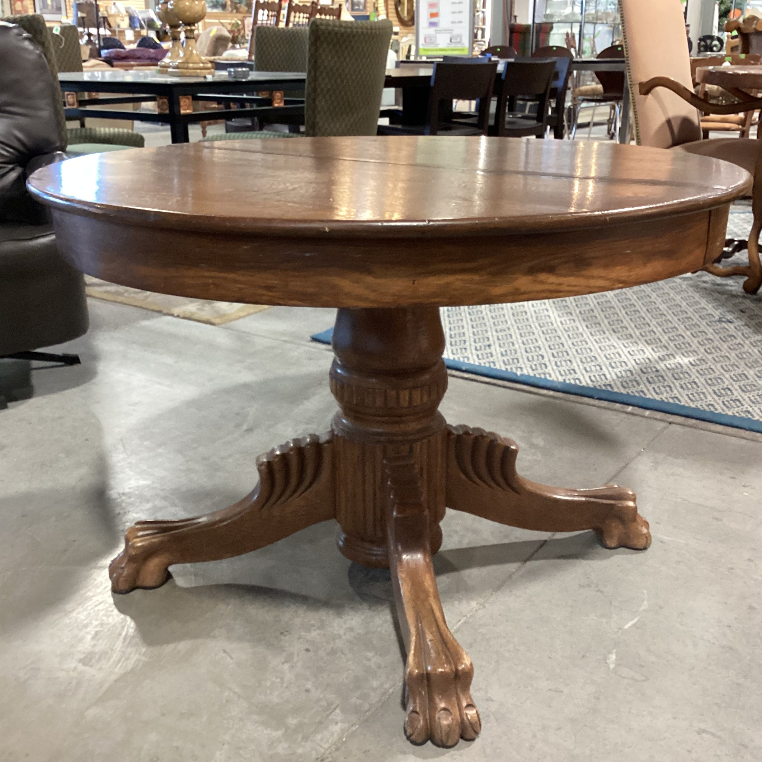 Antique Carved Oak Clawfoot Round Dining Table 42" Diameter x 28"