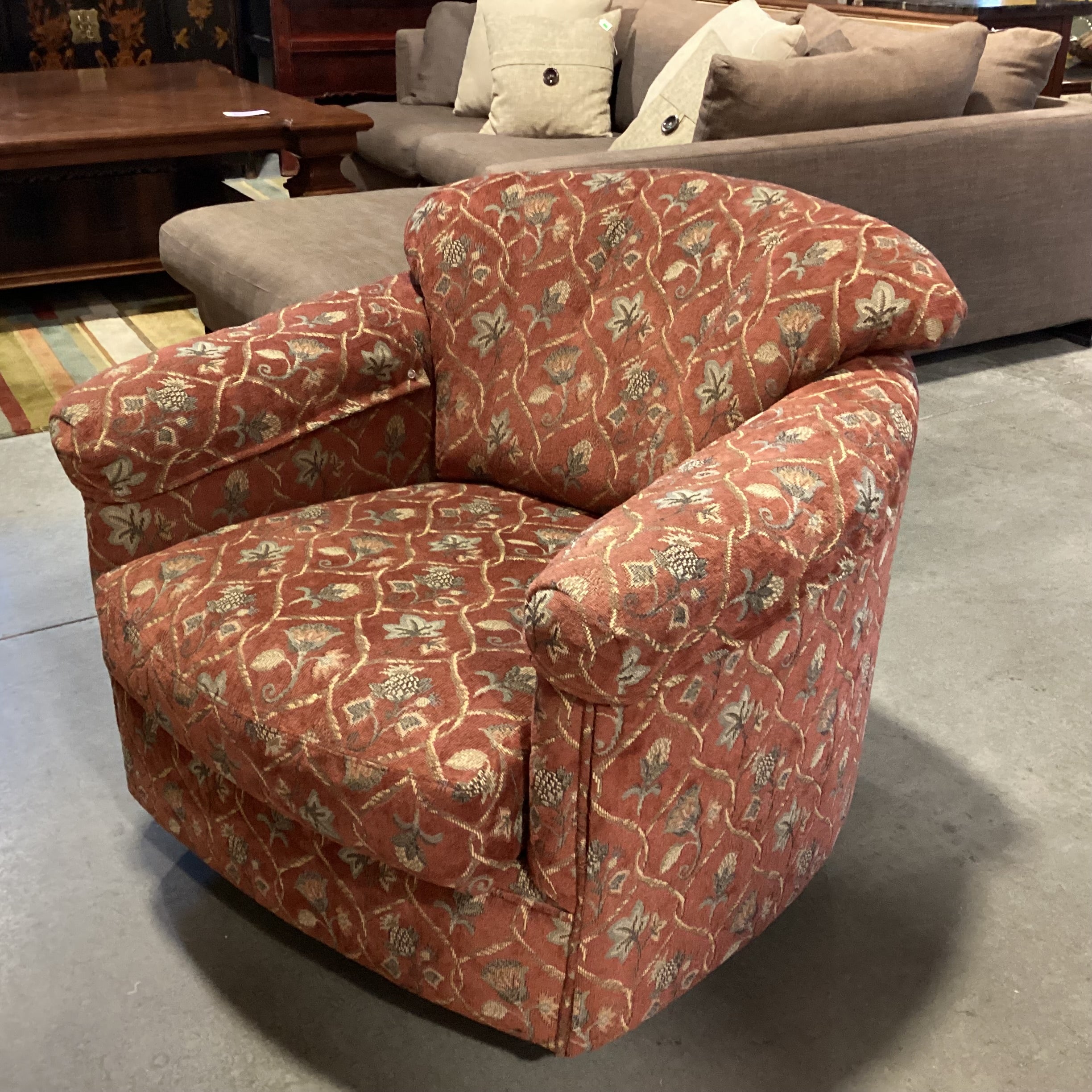 Flexsteel Rust & Sage Leaf Floral Swivel Rock Barrel Chair 33"x 33"x 31"