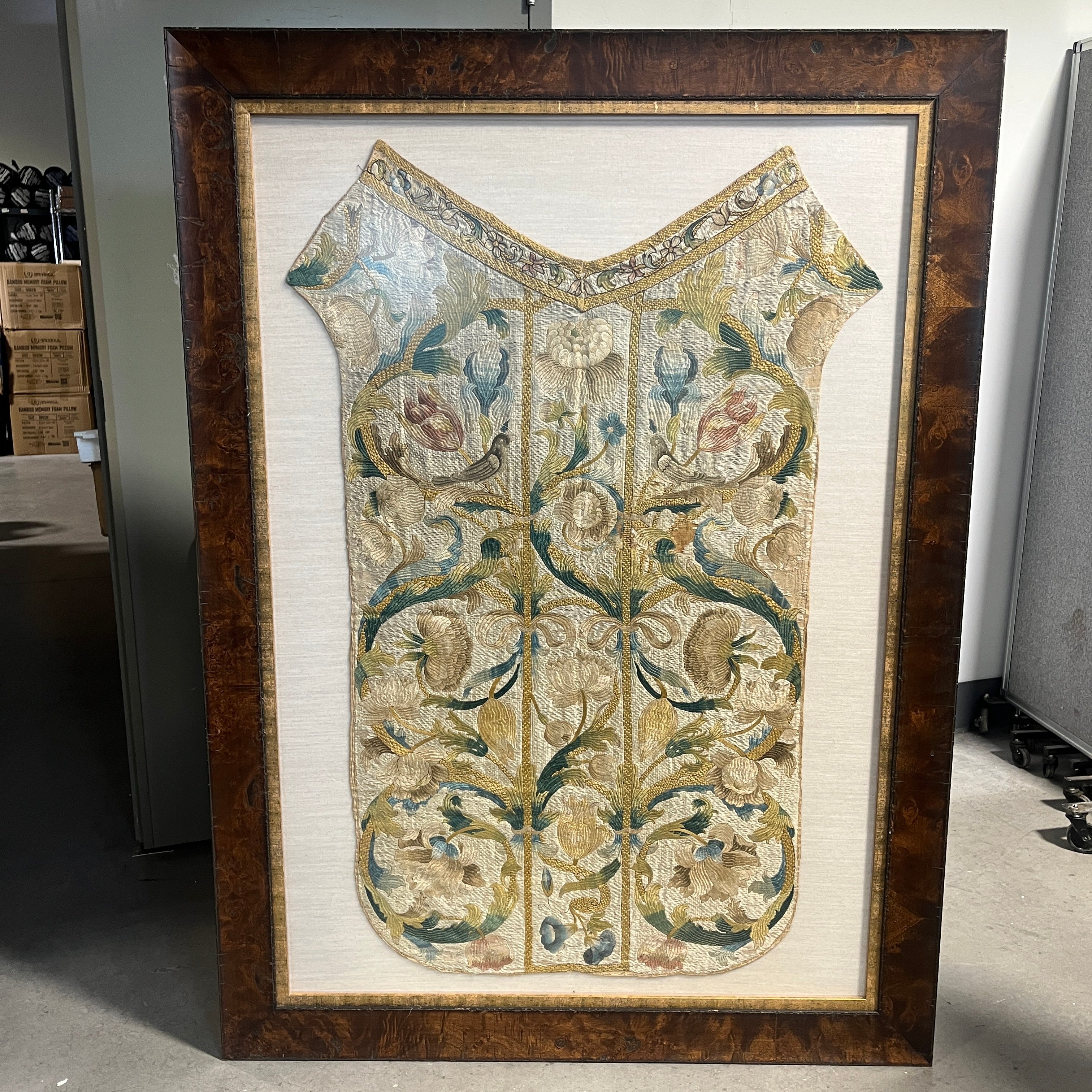 Hand Embroidered Floral Silk Chasuble Framed Wall Art 46"x 63"