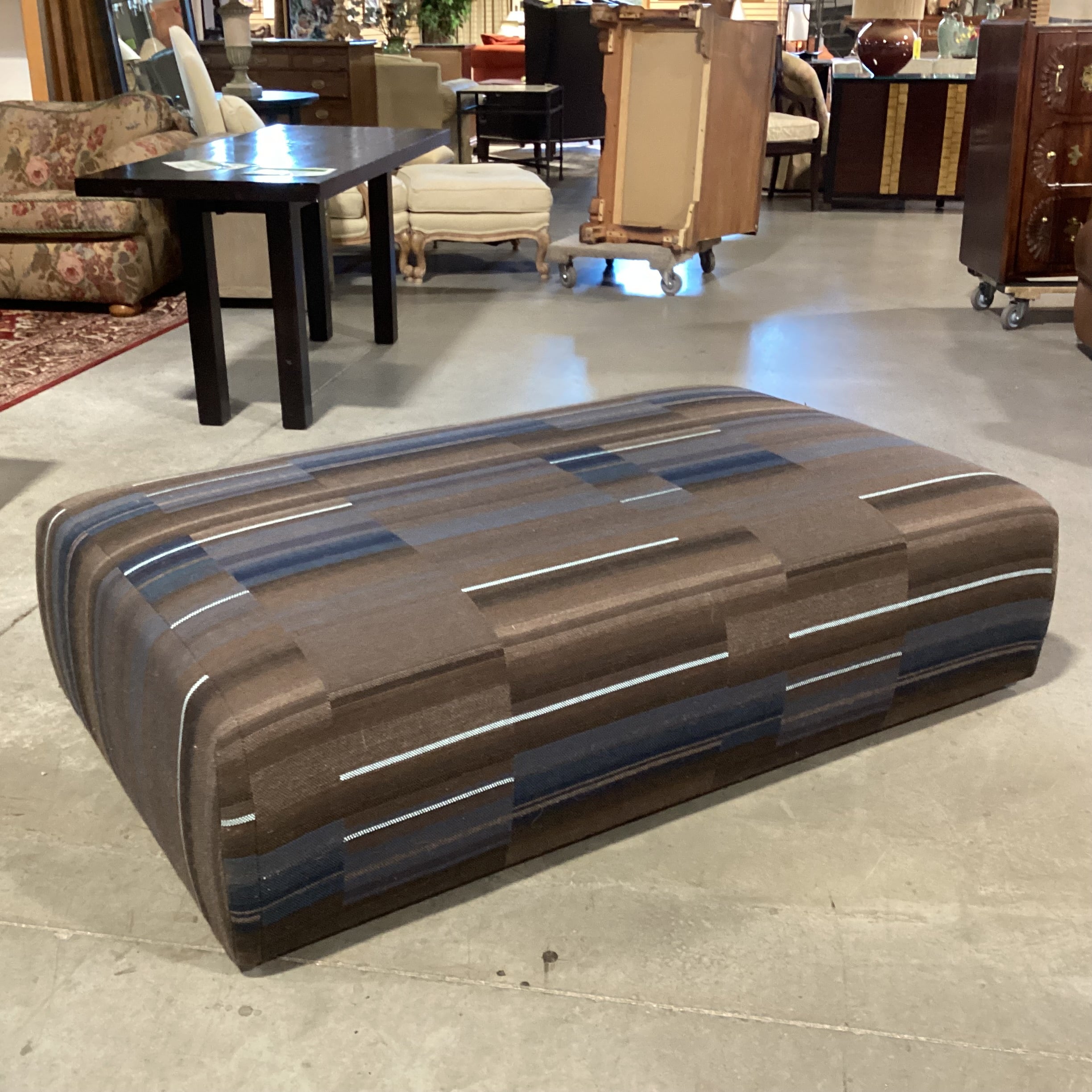 Custom Brown Taupe & Blues Woven Modern Cocktail Ottoman 61"x 37"x 17"