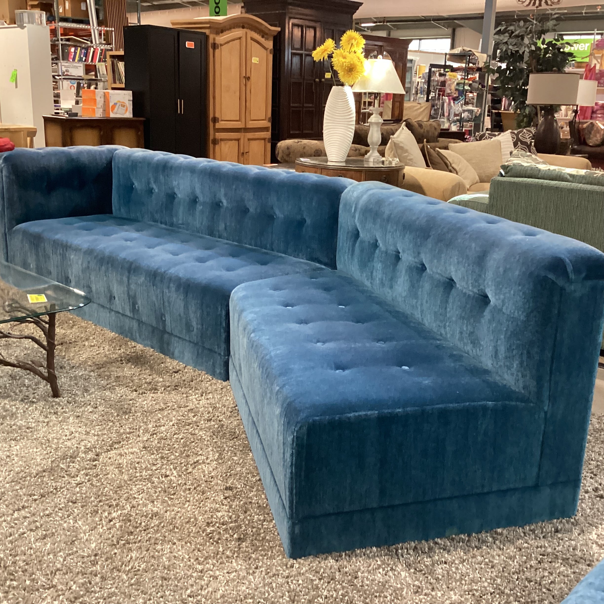 Custom Blue Teal Mohair with Button Tufting 2 Piece Angled Sectional 142"x 35"x 32"