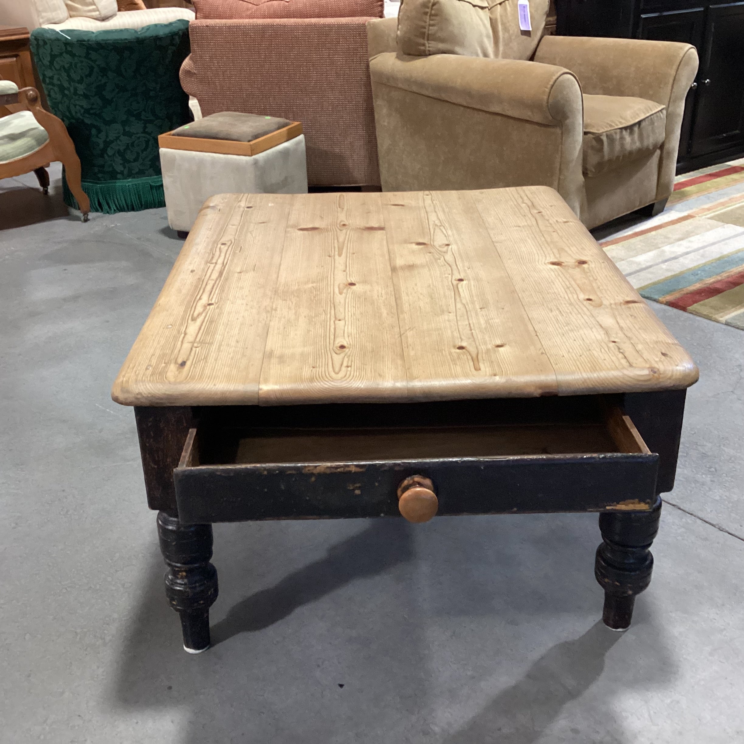 Natural & Black Distressed Pine 1 Drawer Coffee Table 42.5"x 35"x 21.5"