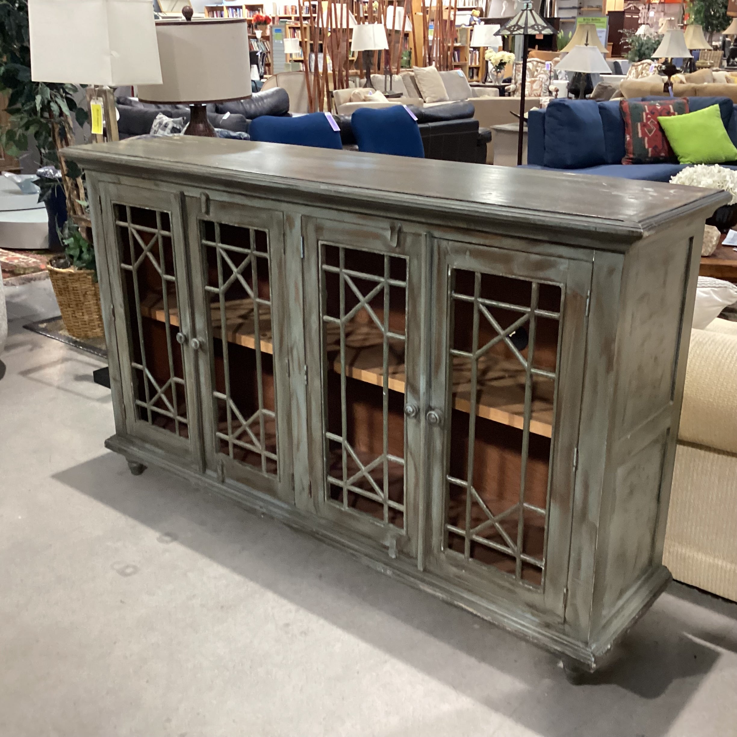 Green Washed Wood & Metal 4 Door with Shelves Console Credenza 71"x 18"x 42.5"