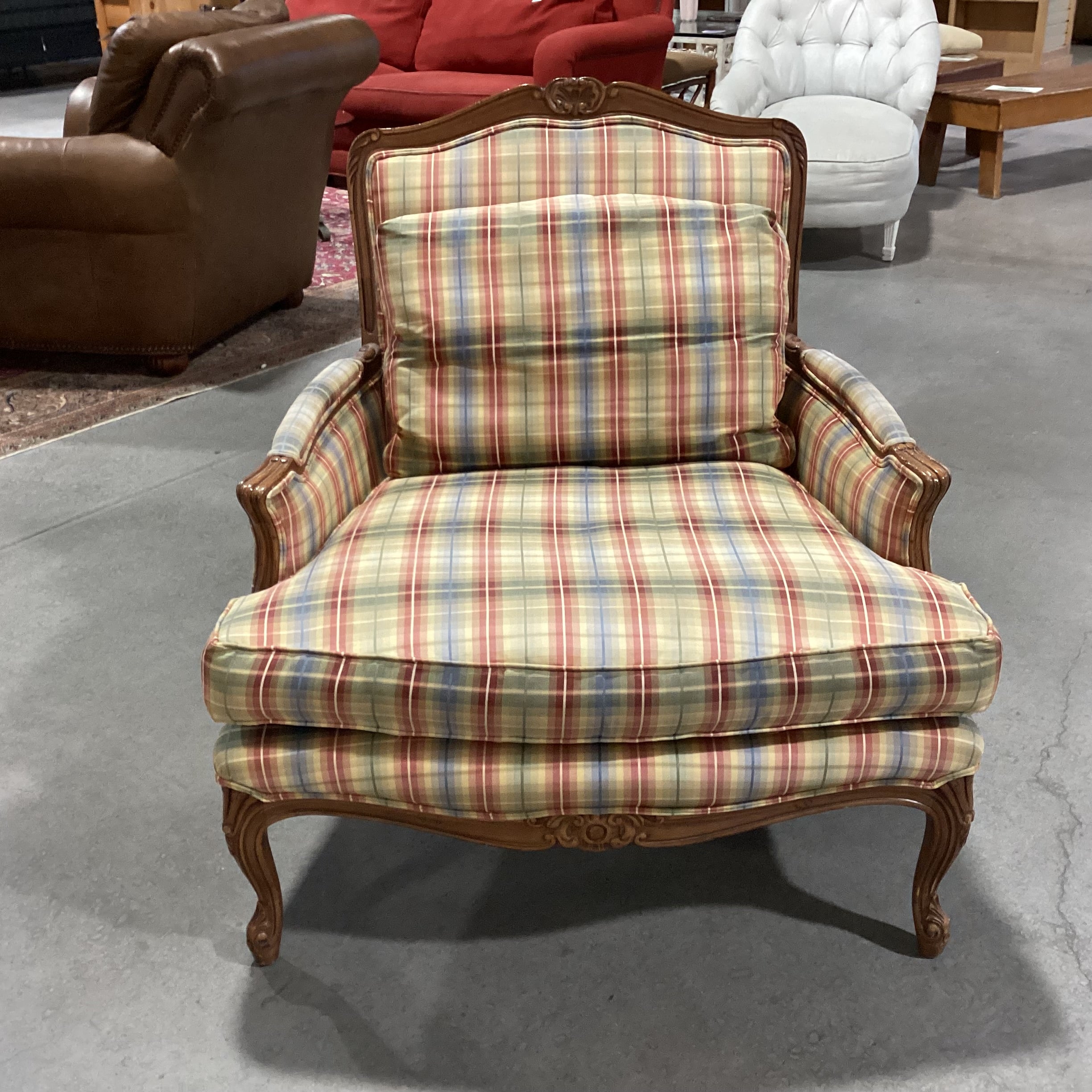 French Provincial Style Carved Wood & Plaid Down with Ottoman Chair 37"x 34"x 38"