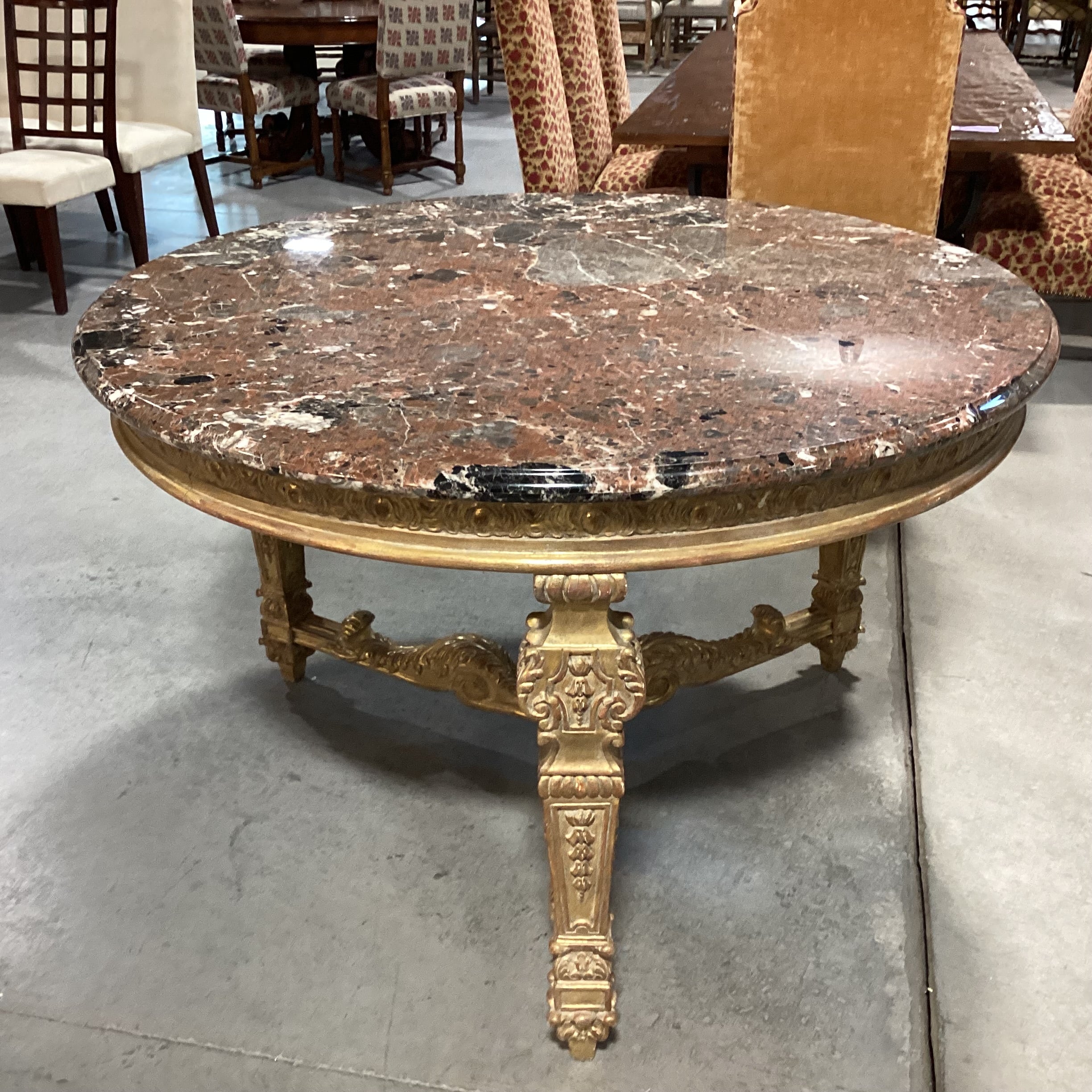 Antique Ornate Carved Gilded Wood & Breccia Marble Round Accent Table 52" Diameter x 33"