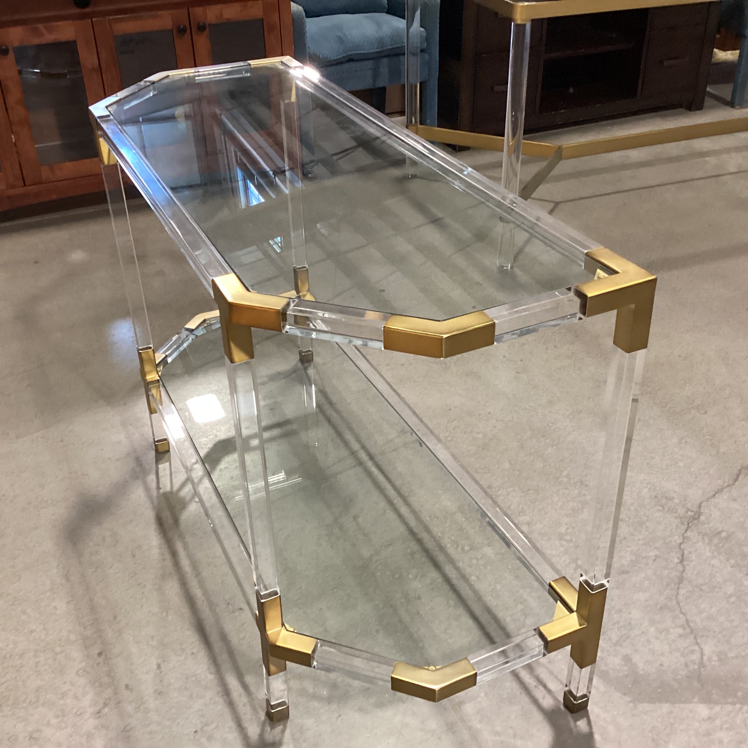 Anthropologie Oscarine Lucite & Glass with Brass Finished Metal Console Sofa Table 47"x 18"x 30"
