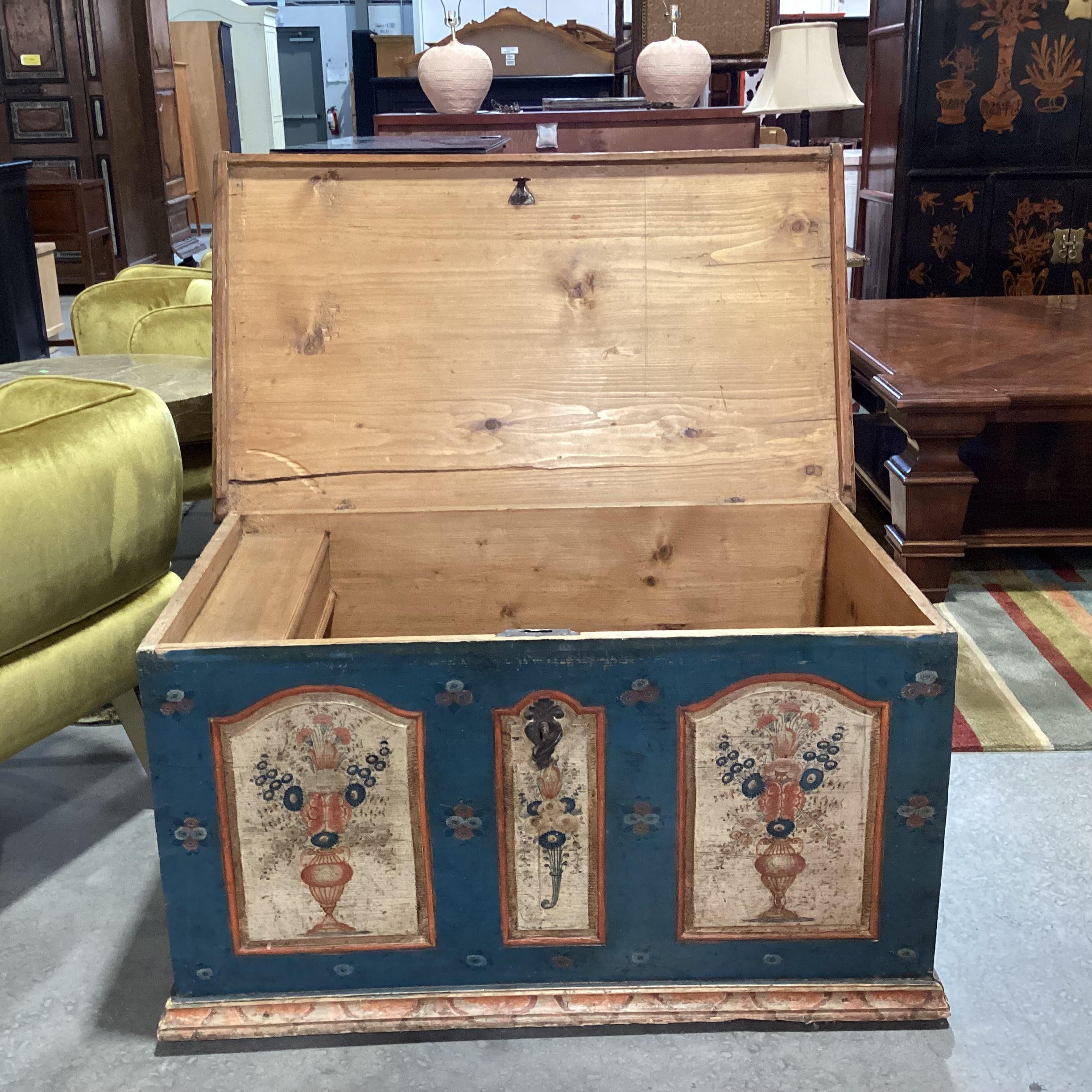 Antique Carved Wood with Hand Painted Floral Panels Trunk 42"x 25"x 23.5"