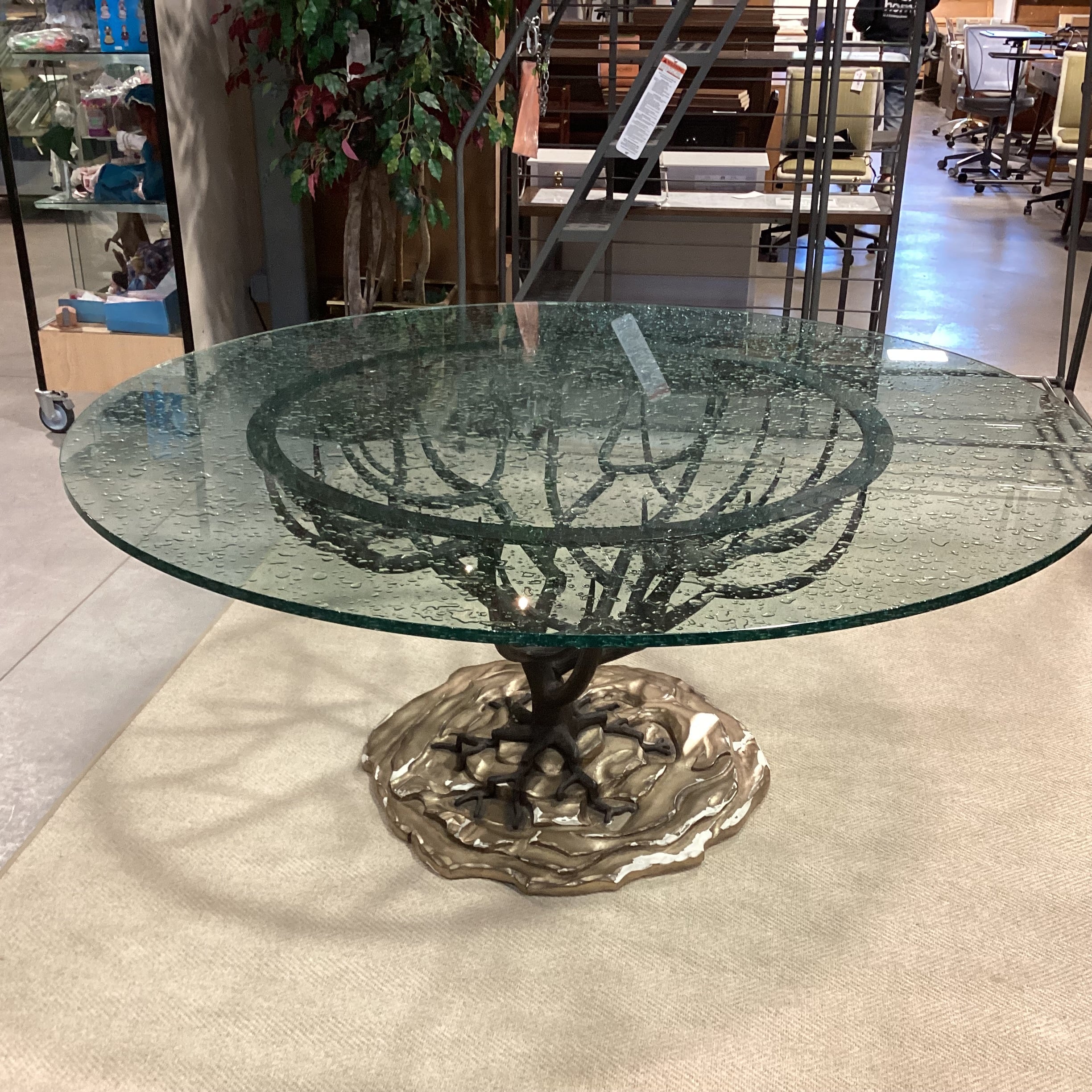 Custom Iron Tree Base with Round Bubbled Glass Dining Table 72" Diameter x 31"