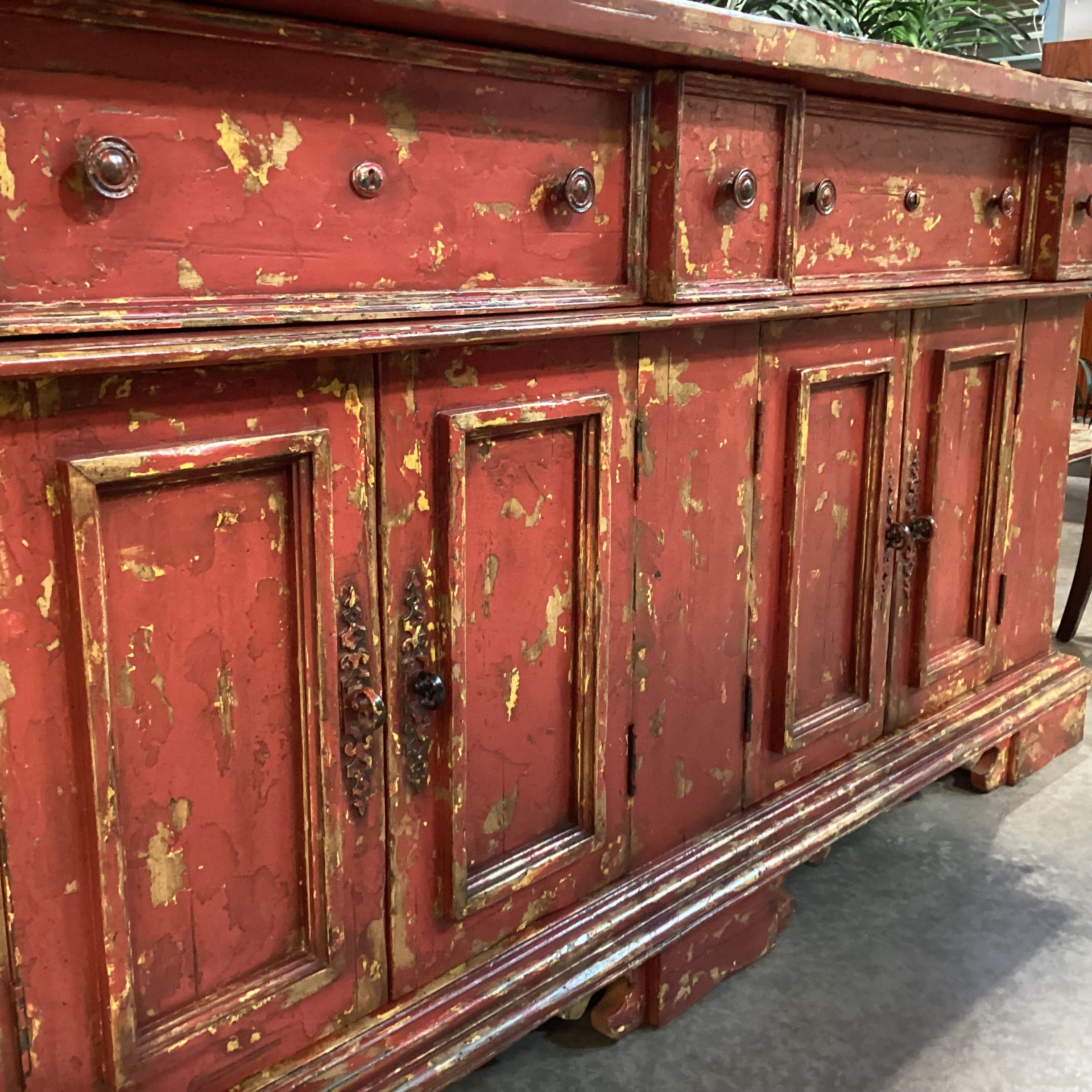 Red & Gold Textured Antiqued Finish Solid Wood 5 Drawer 4 Door Credenza 83"x 22"x 39"