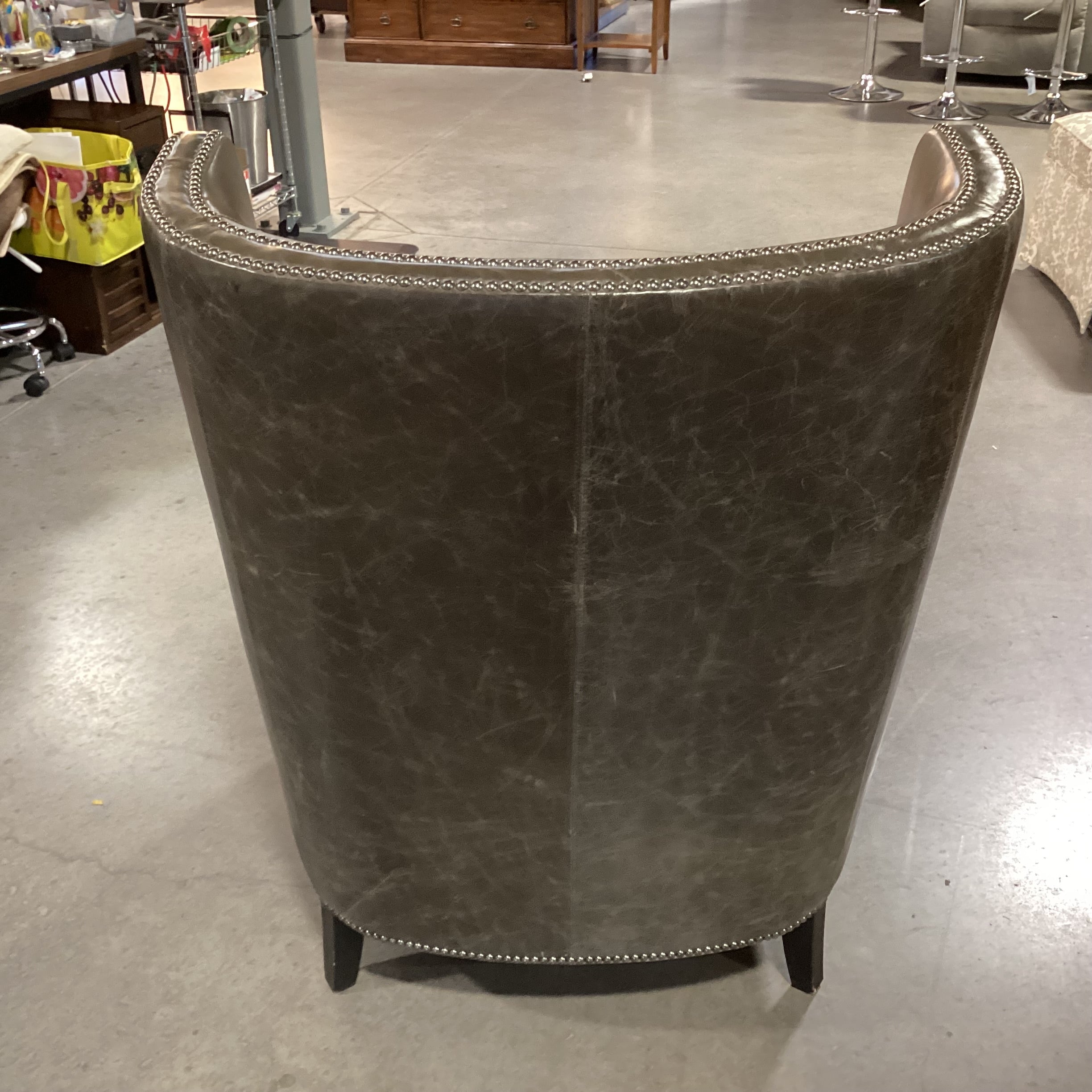 Bernhardt Interiors Olive Grey Distressed Leather Nailhead High Back Wing Chair 31"x 36"x 45"