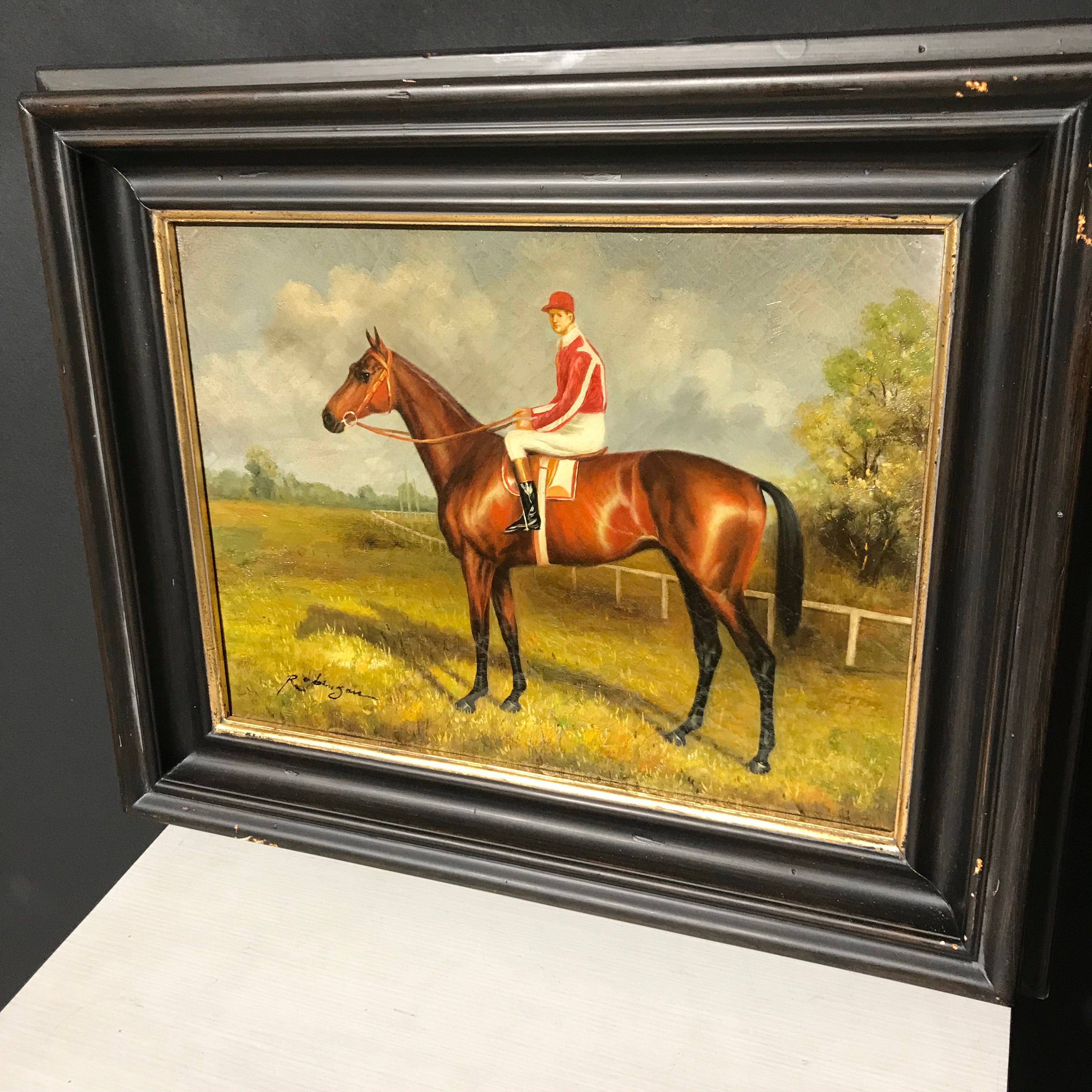 Vintage Race Horse with Jockey Oil on Canvas Framed and Signed Wall Decor 21.5"x 18"
