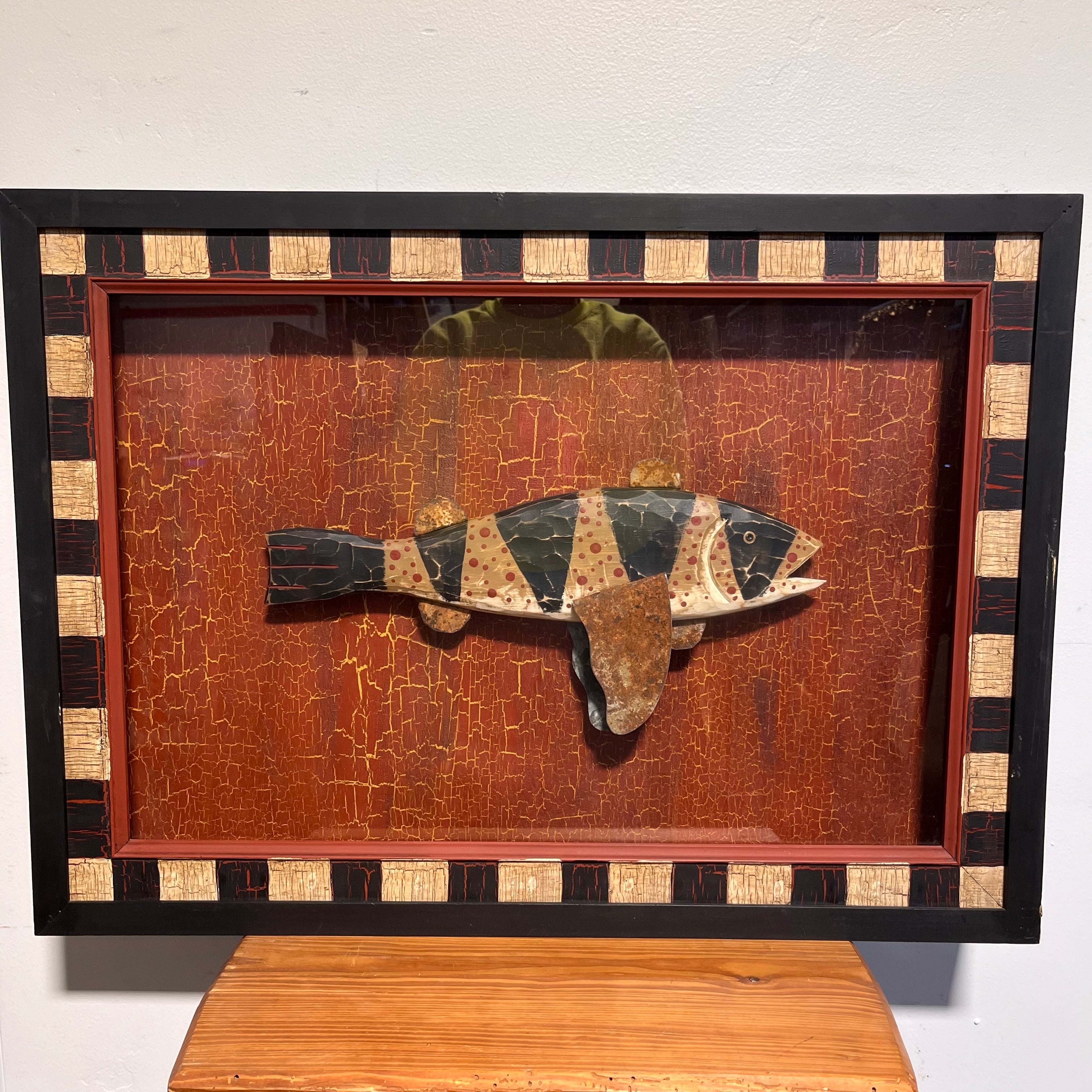 "Flying Fish" Hand Carved and Painted Framed Wall Sculpture 28.75"x 21"x 3"