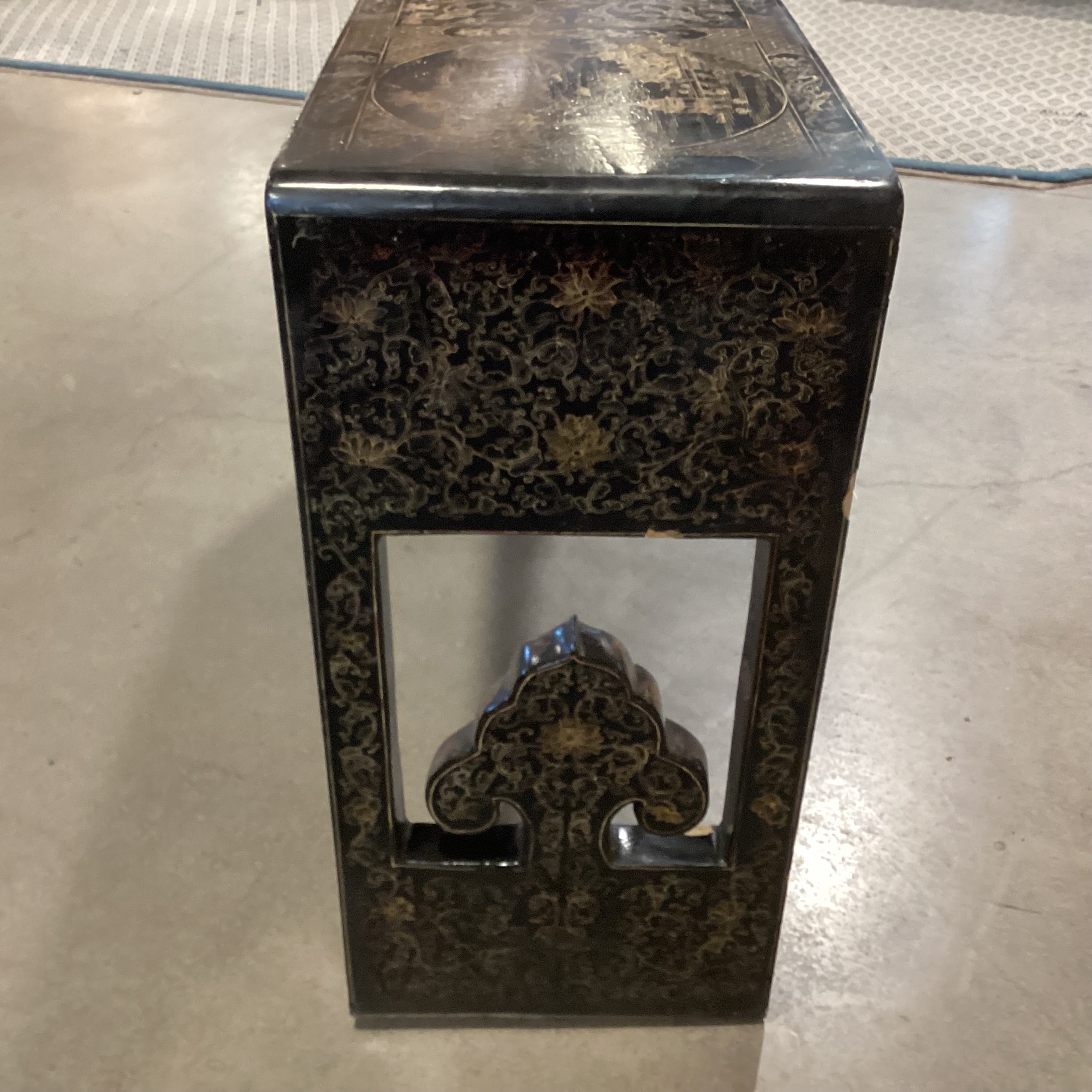 Vintage Chinoiserie Black Lacquer & Gold Hand Painted Console Sofa Table 61"x 16"x 34"