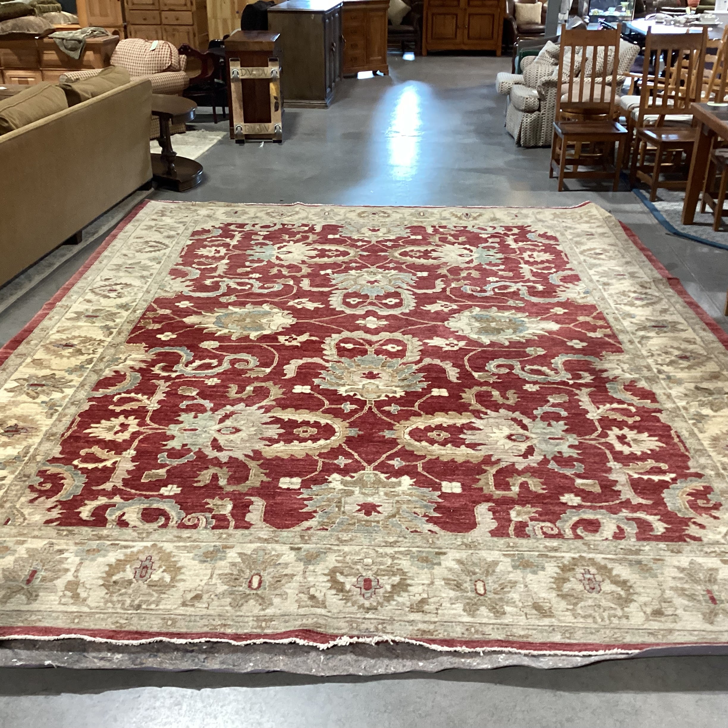 Red Cream Pastel Greens Handwoven Wool Rug 11'4" x 14'10"