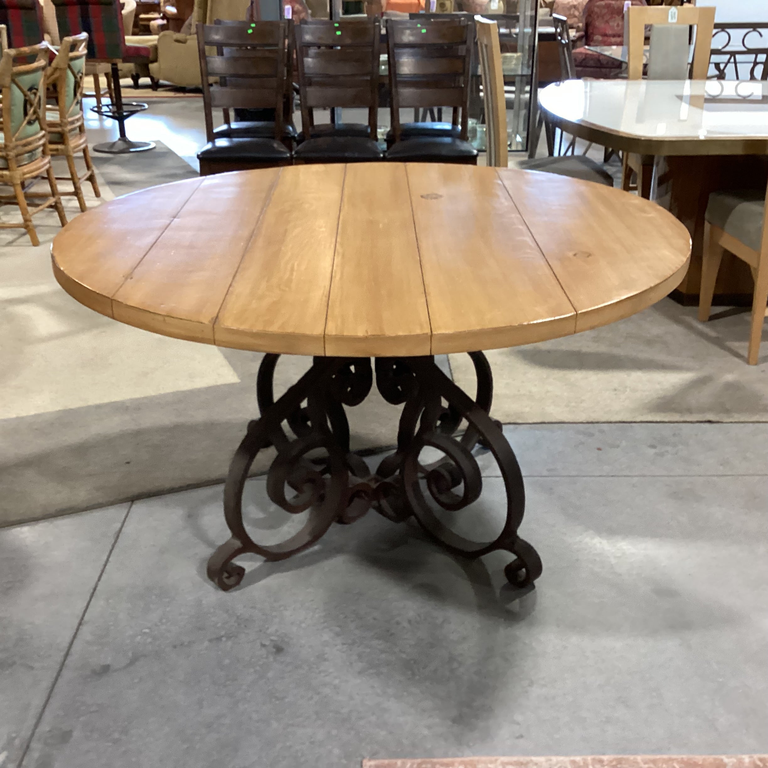 Round Pine Plank & Heavy Ornate Iron Dining Table 54" Diameter x 29.5"
