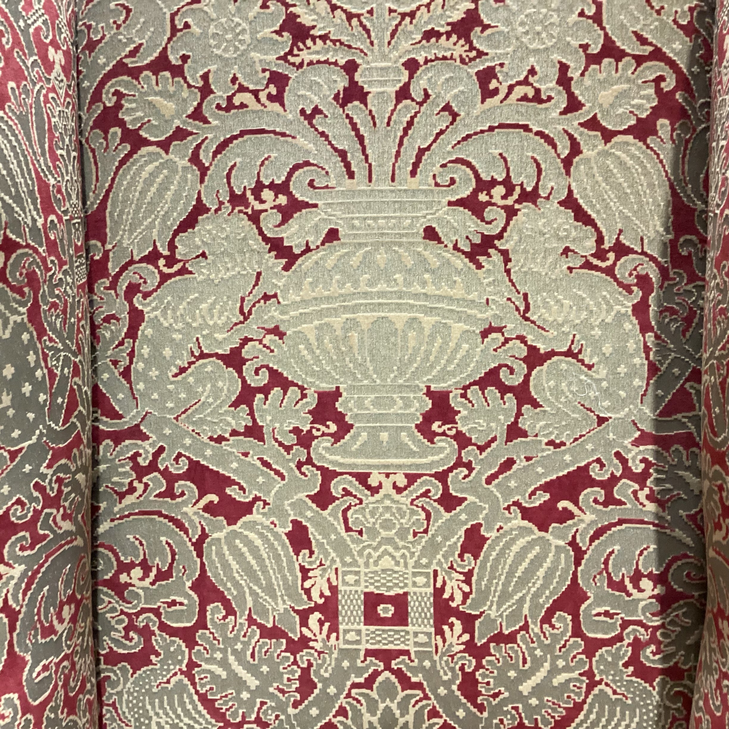 Lee Jofa Gold & Red Raised Design Nailhead Roll Arm & Wing with Carved Wood Base Chair 44"x 36"x 56"