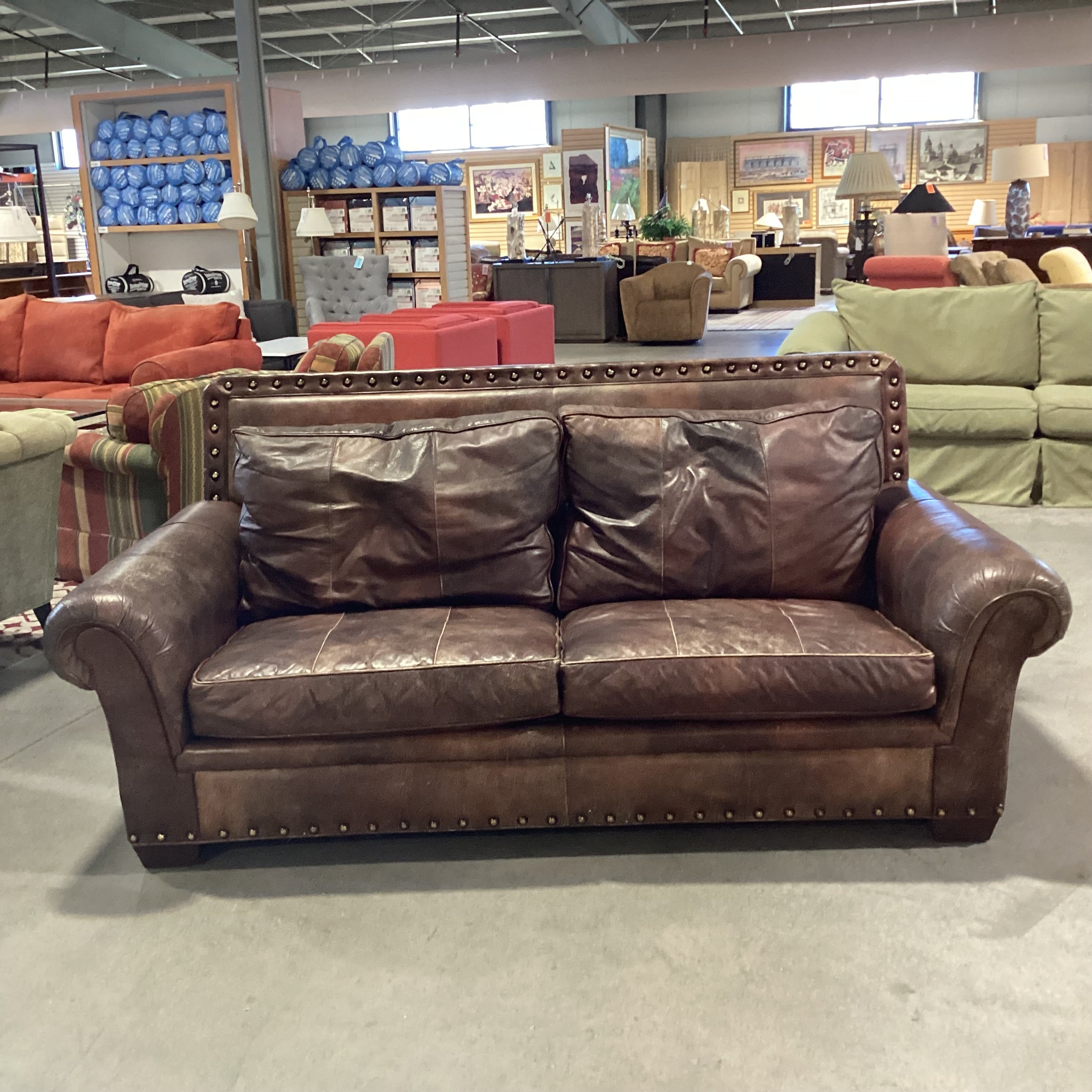 Distressed Leather Nailhead Highback Sofa 80"x 41"x 36"