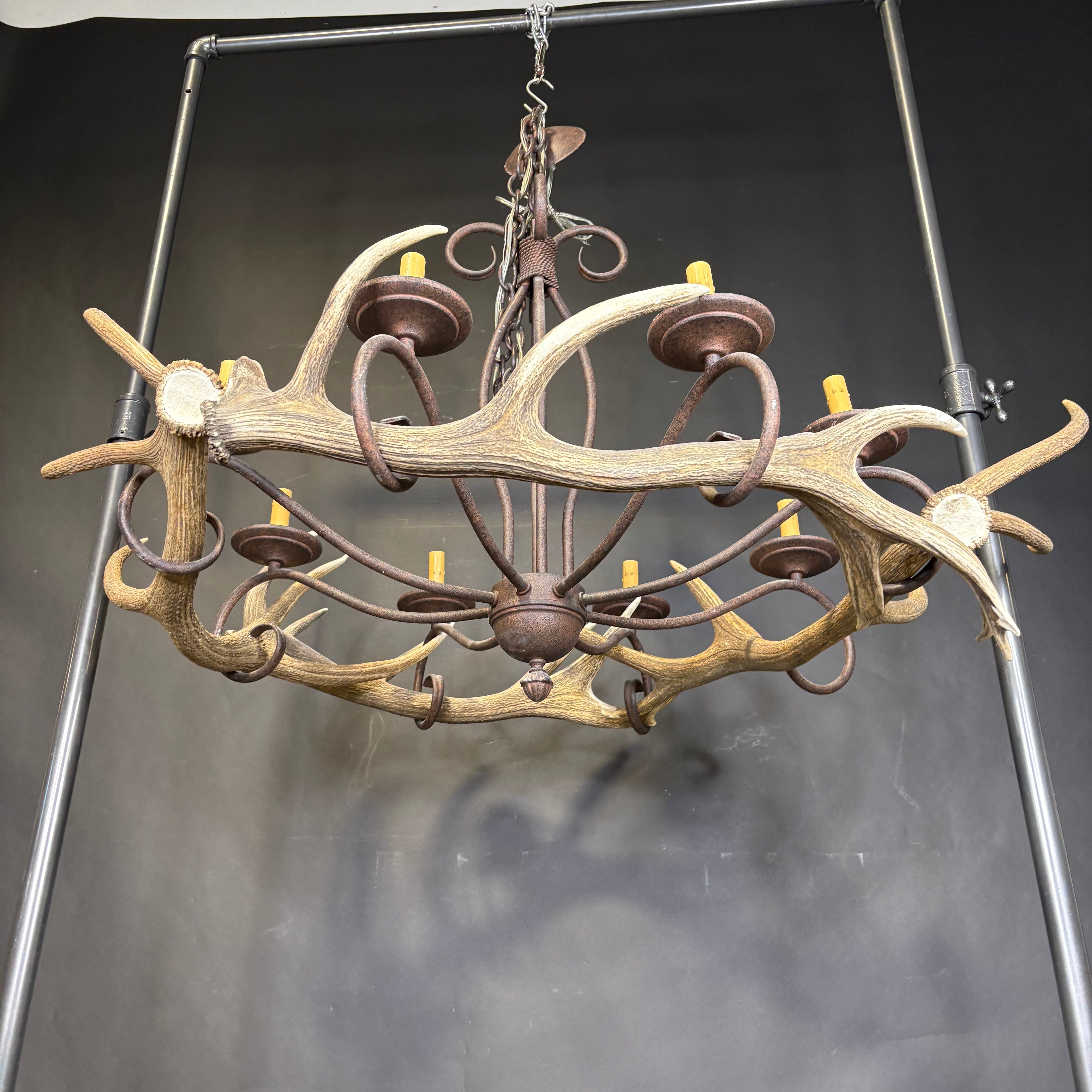 Rustic 8-Light Textured Bronze Metal with Antlers Chandelier 45” Diameter x 52”