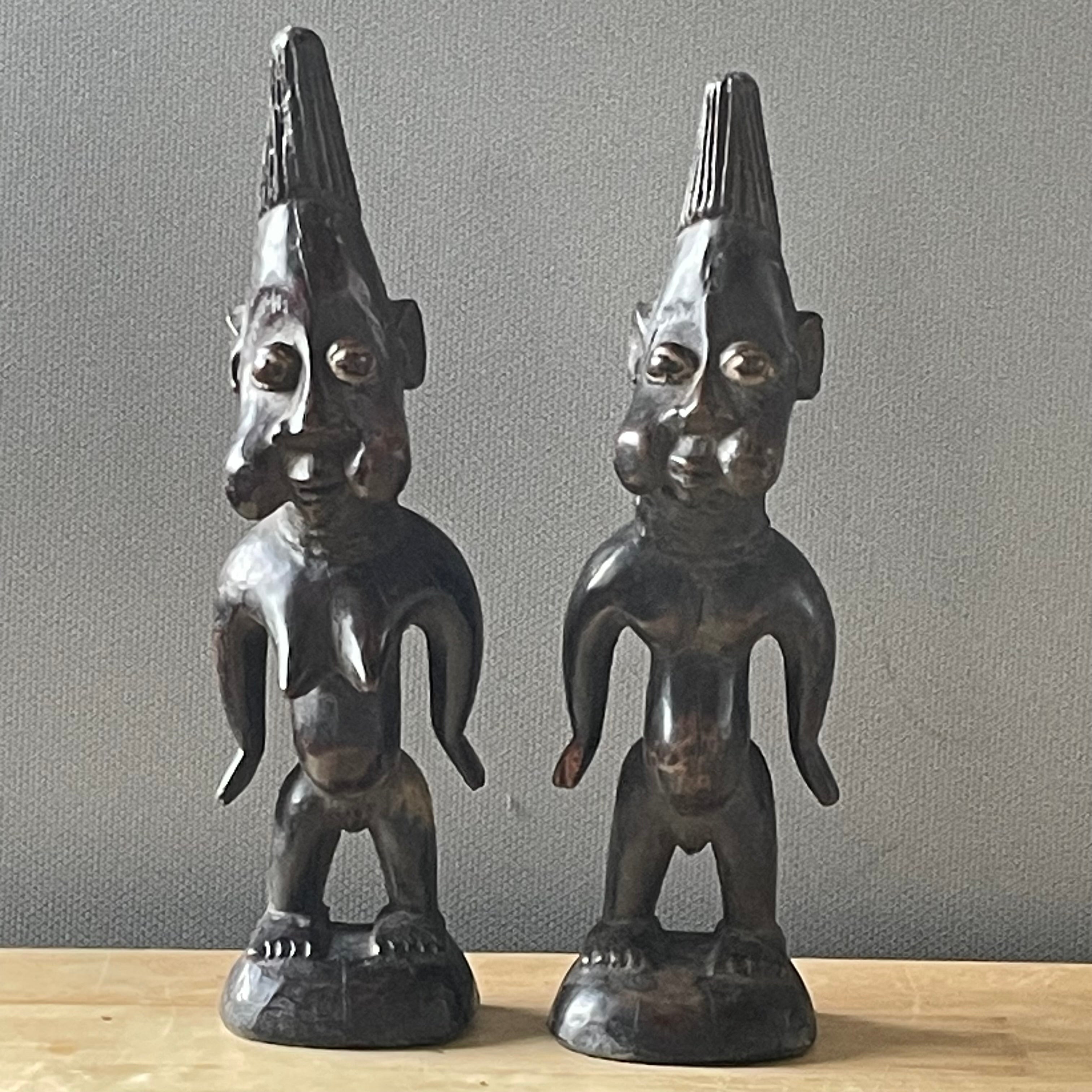 Vintage Nigerian Hand Carved Yoruba Ere Ibeji Figurines, Pair, 4"x 12" Approximately
