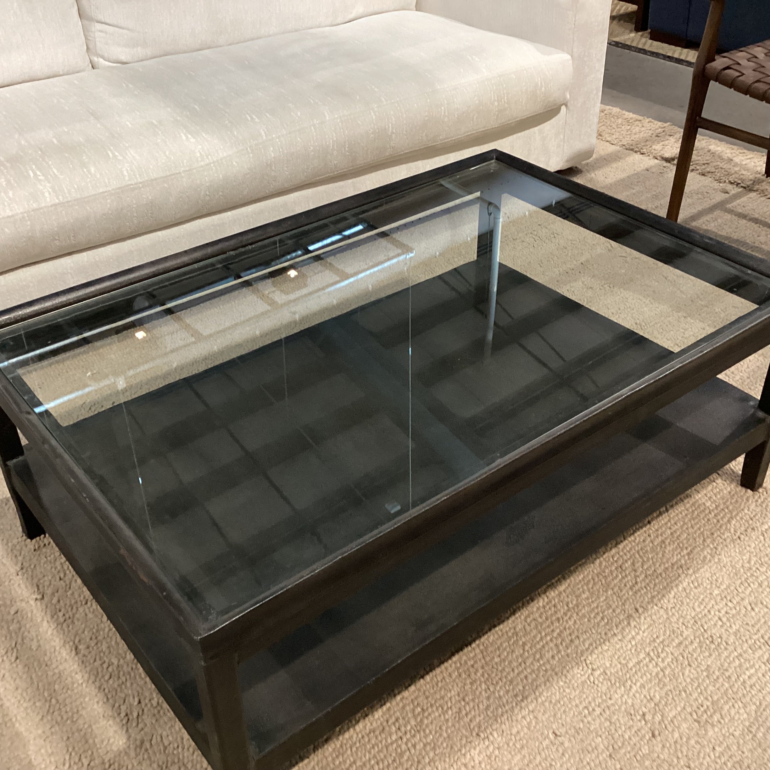 Industrial Modern Black Textured Iron & Glass 2 Tiered Coffee Table 48"x 32"x 18.5"
