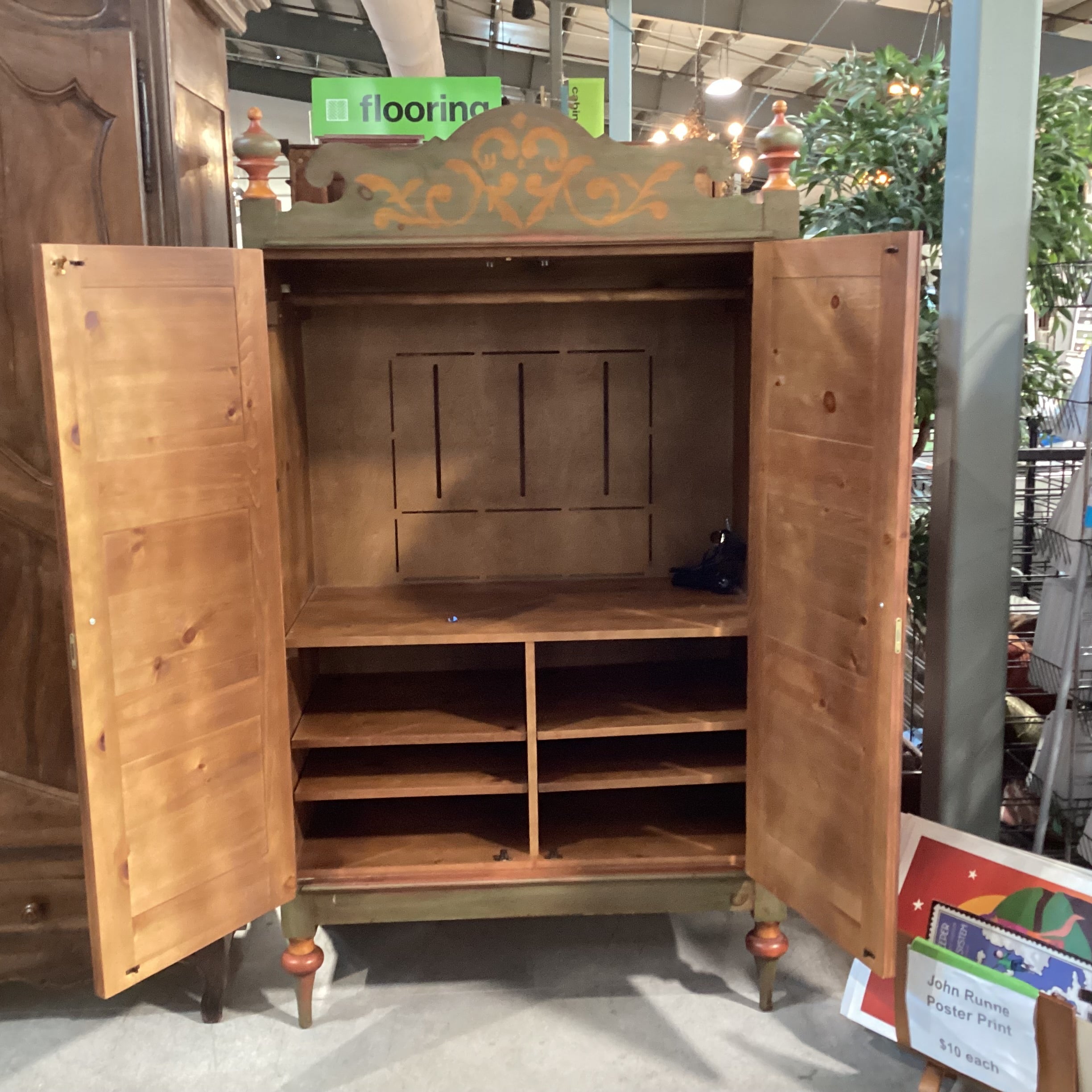 Custom Carved Wood Antiqued Red & Green Handpainted 2 Door Wardrobe Armoire 46"x 24"x 82"