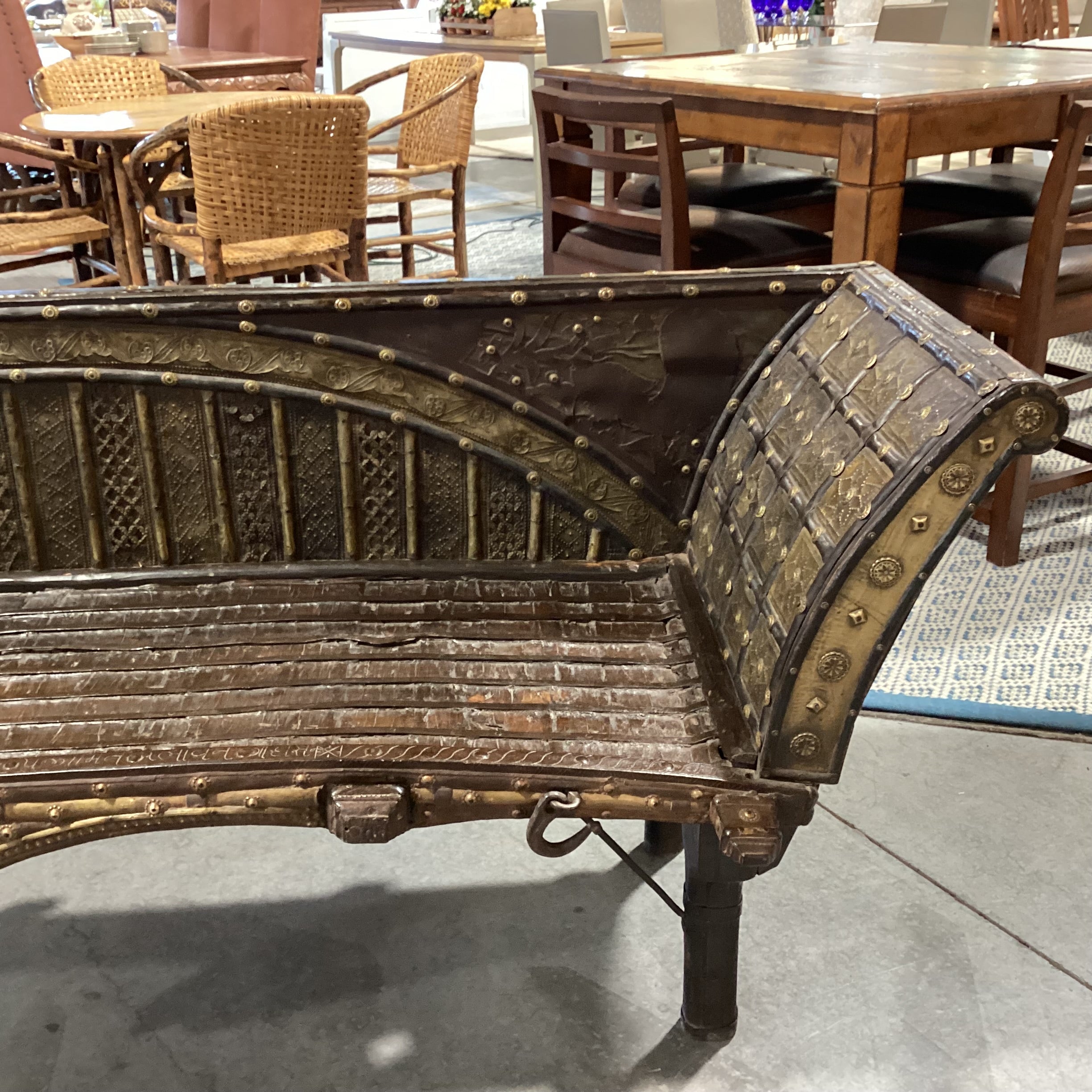 Antique Mogul or Bullock  OX Cart Wood Iron & Brass Bench 92"x 26"x 32"