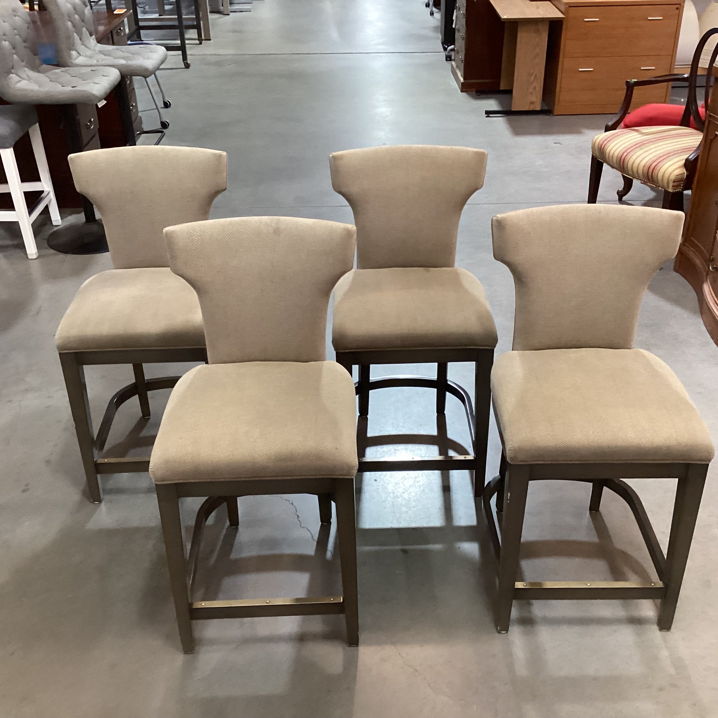 SET of 4 Green Grey Finish & Cream Tan Woven Wing Back Counter Height Barstools 24"