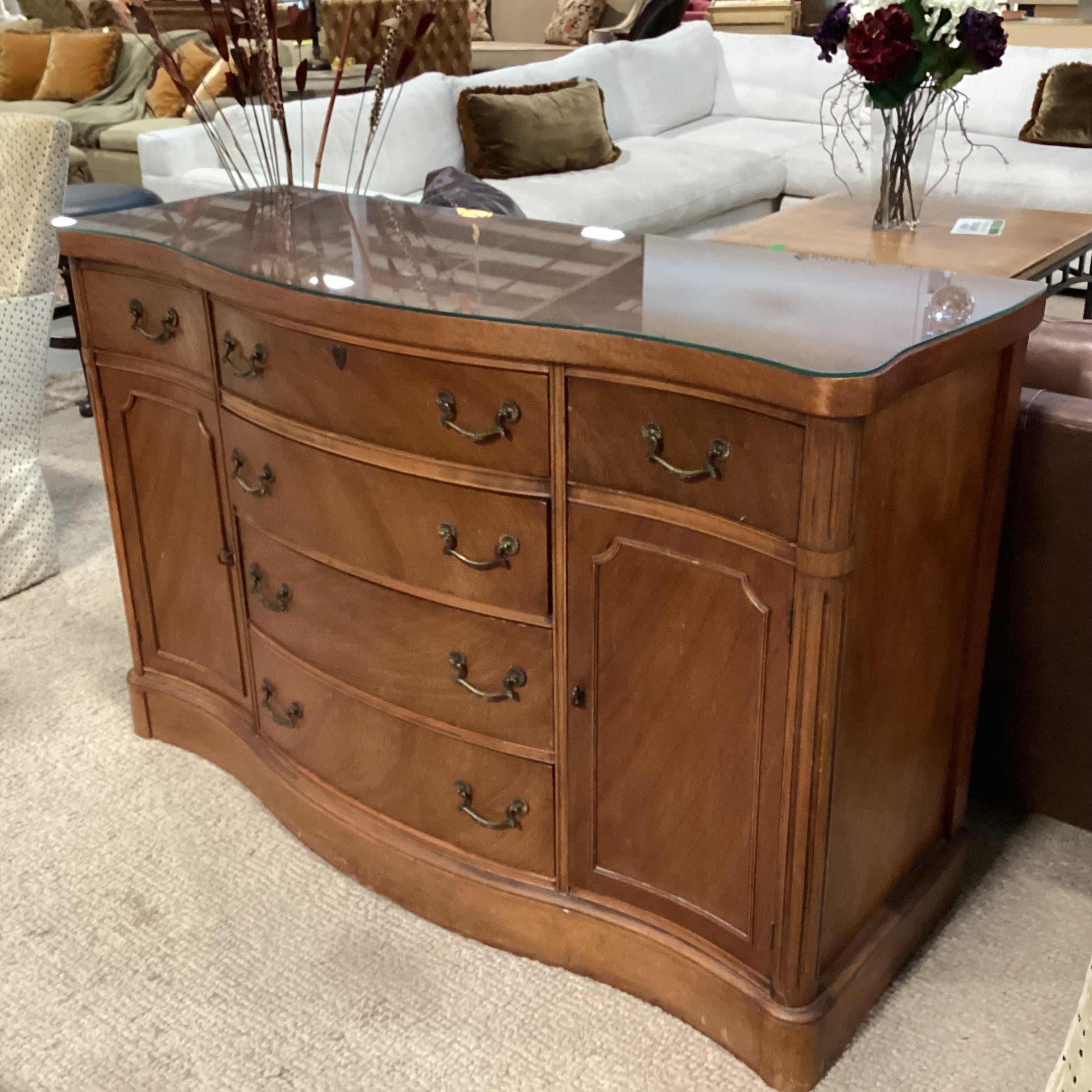 Antique Carved Wood with Molding Detail & Glass Top 2 Door 6 Drawer Sideboard 54"x 21"x 36"