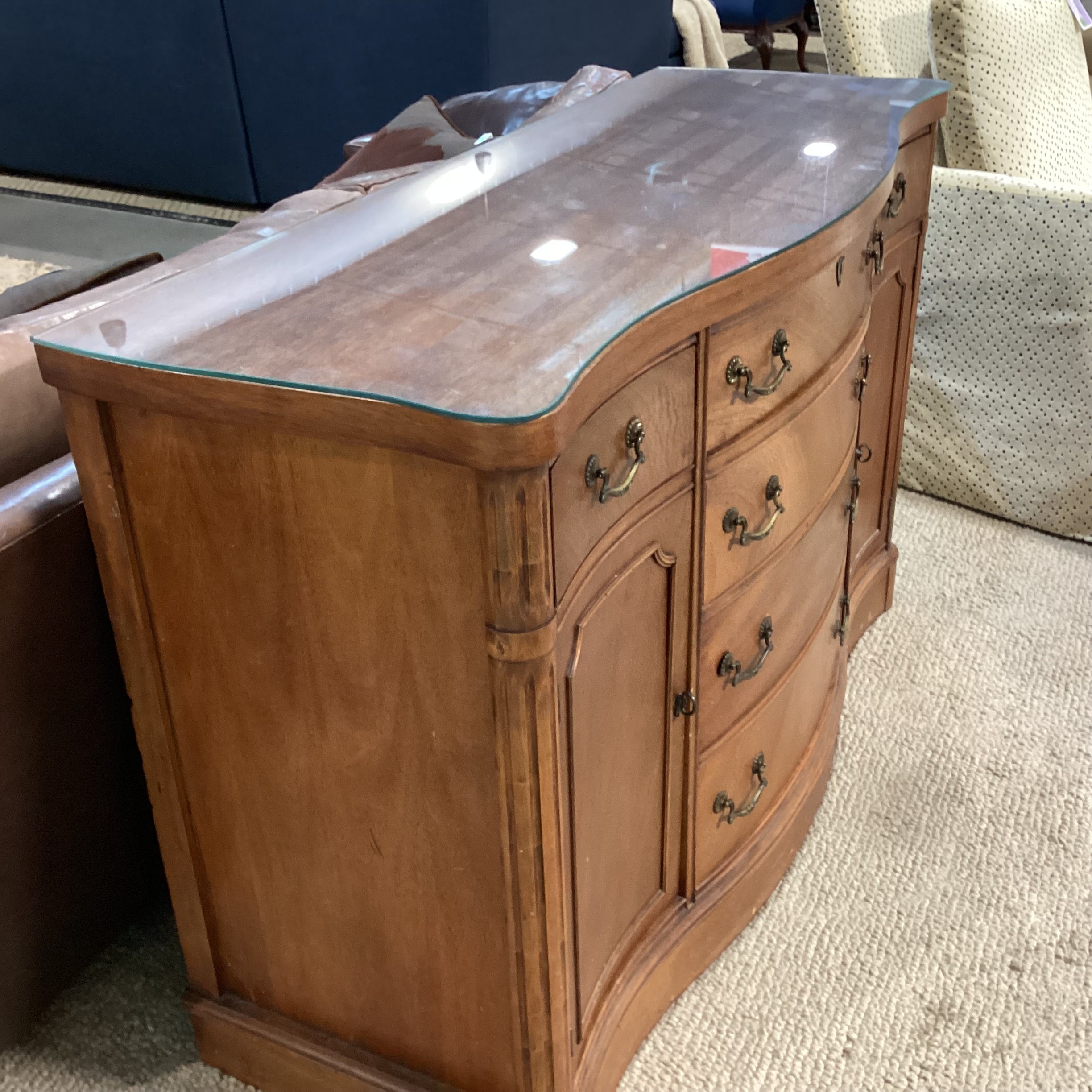 Antique Carved Wood with Molding Detail & Glass Top 2 Door 6 Drawer Sideboard 54"x 21"x 36"