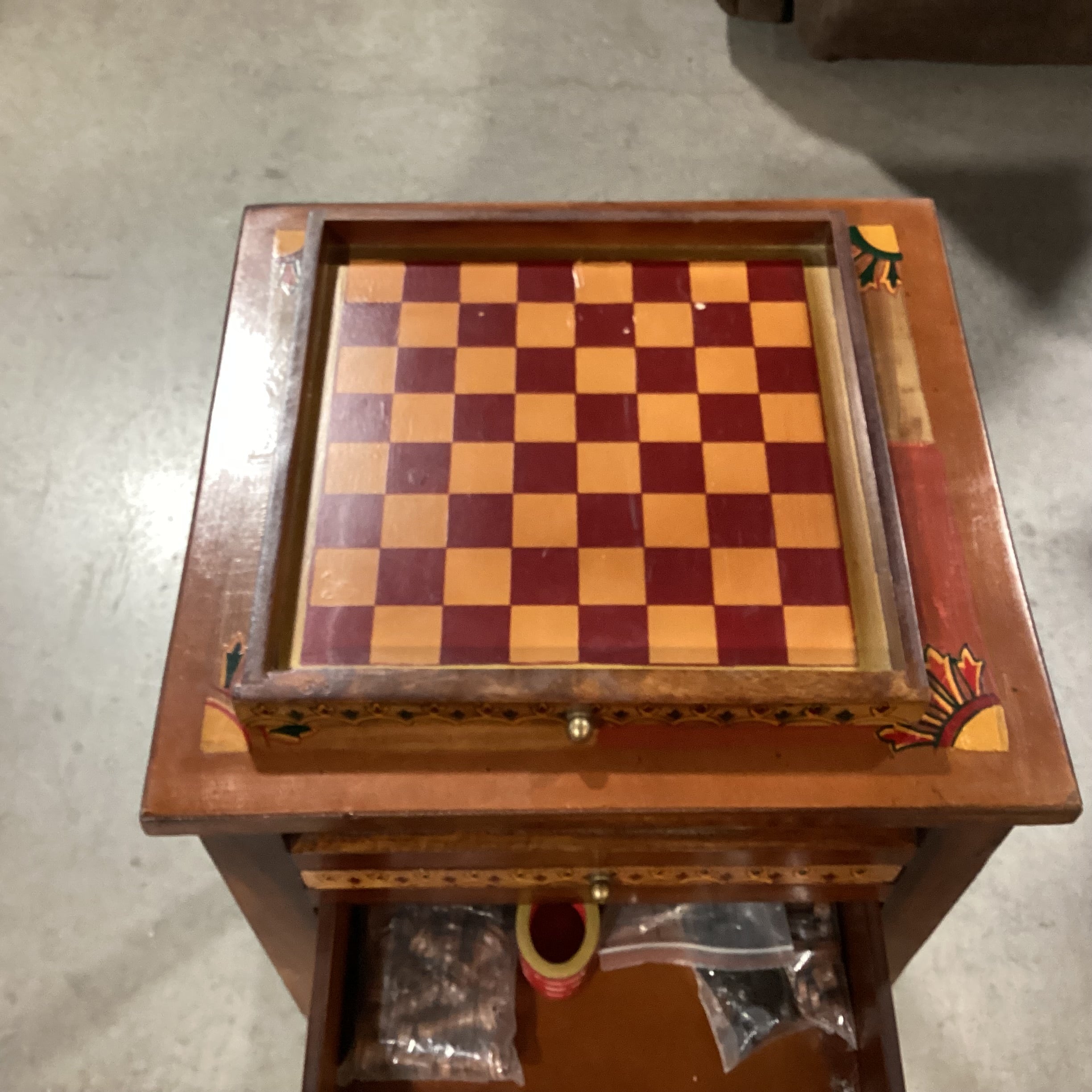 Moroccan Hand Painted Wood Game Board Drawers & Accessories End Table 16"x 15"x 29"  Game