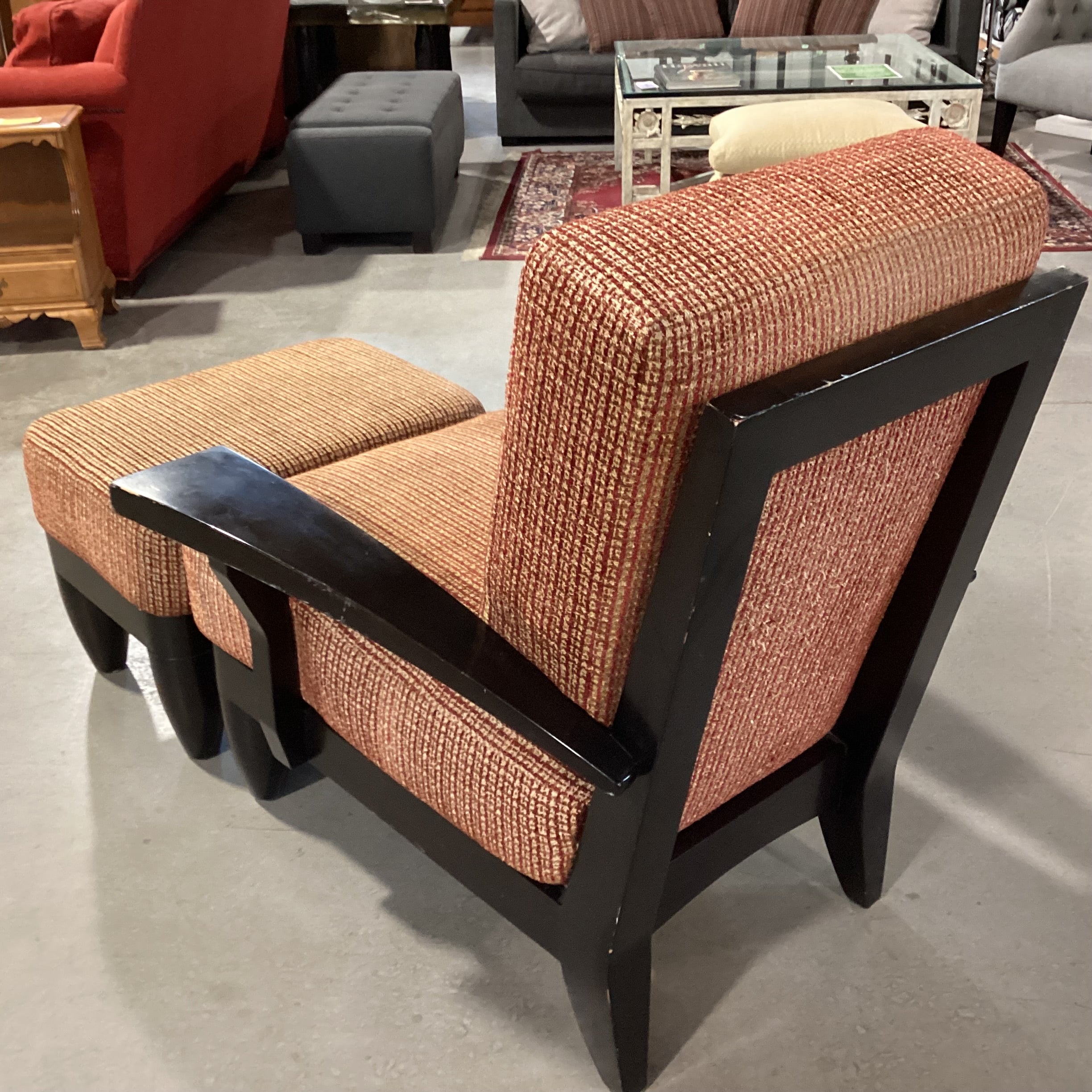 Dark Finish Wood & Gold Red Woven with Ottoman Chair 36"x 38"x 37"
