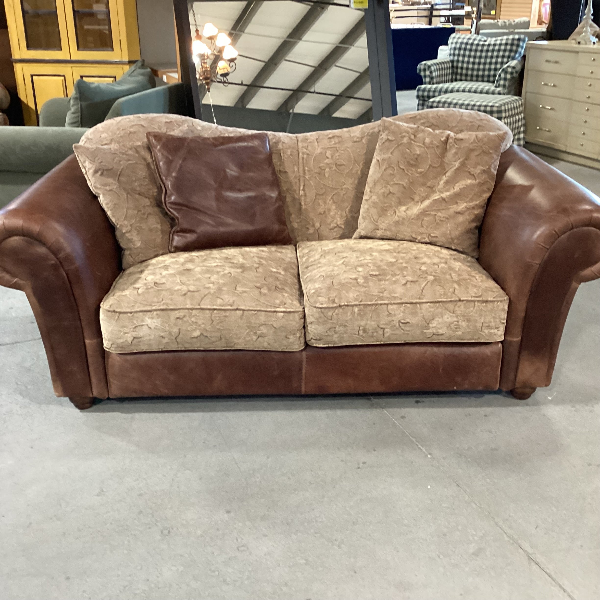 Tan Leaf Vine Design Upholstery & Leather Love Seat Sofa 74"x 37"x 32"