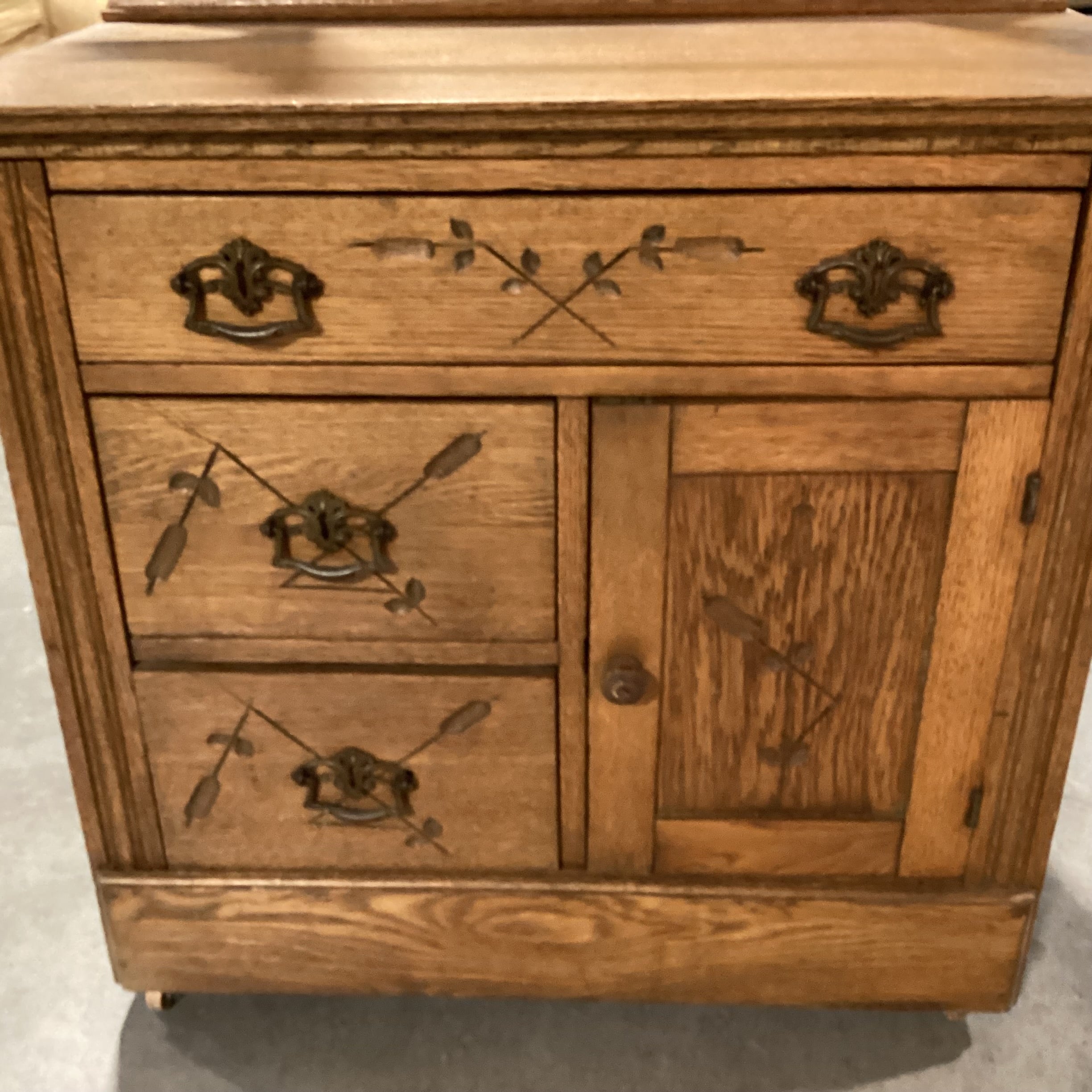 Antique Carved Oak 3 Drawer 1 Door with Towel Rack on Casters Dry Sink Chest 32"x 17"x 56.5"