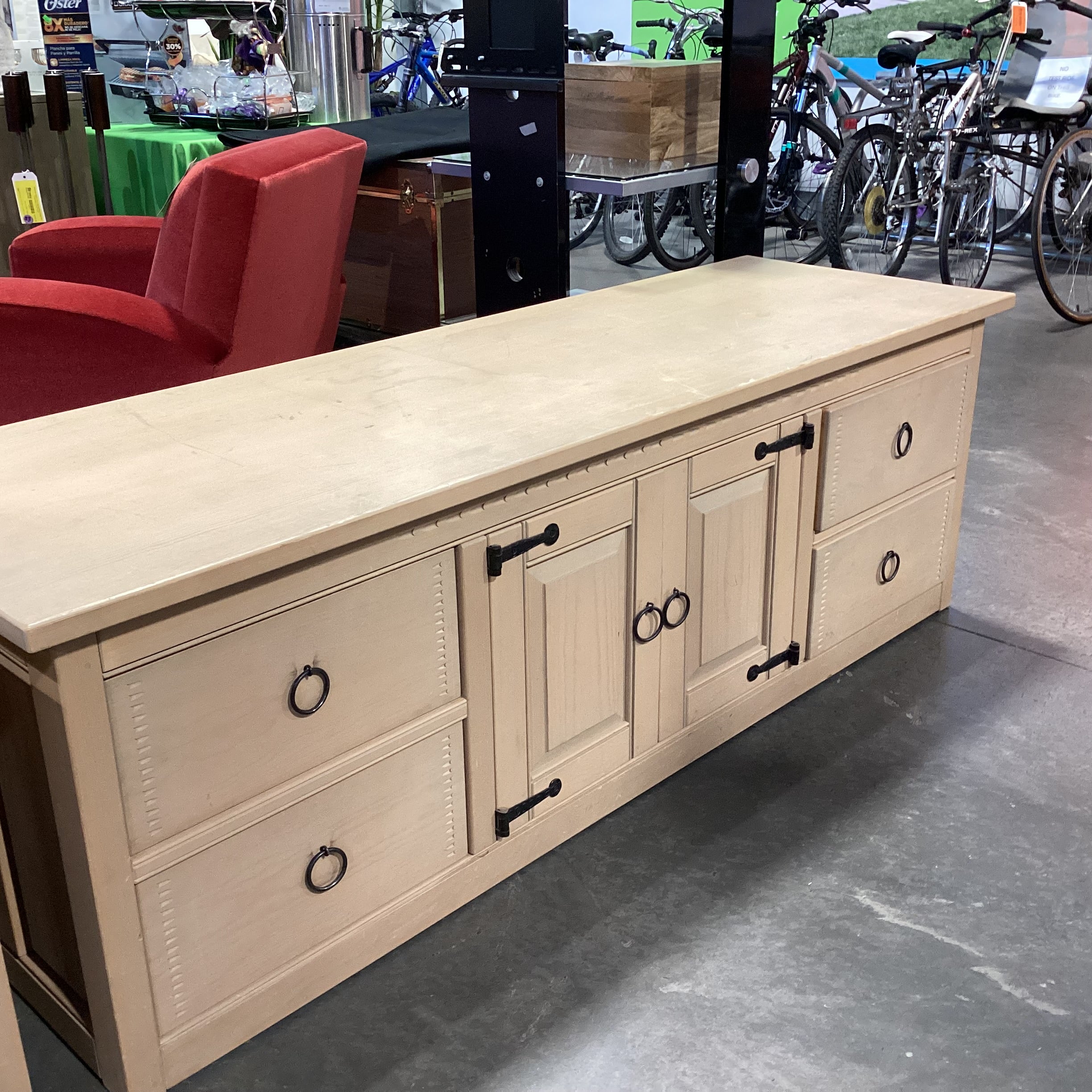 Southwest Washed Natural Wood with Iron Accent 4 Drawer 2 Door Console Credenza 75"x 24"x 25"