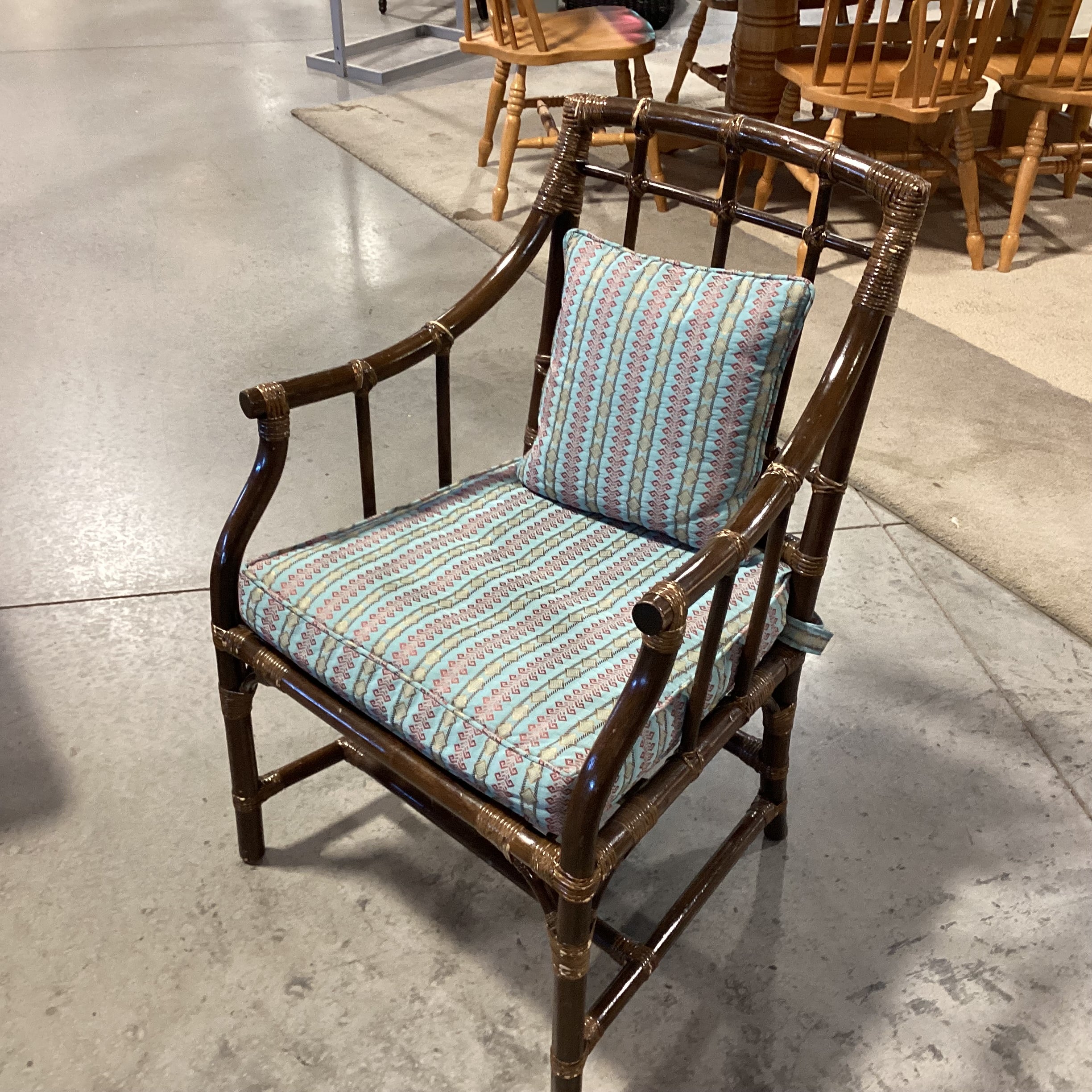 Bamboo Rattan with Blue Red Gold Ribbon Style Fabric Chair 23"x 23"x 34"