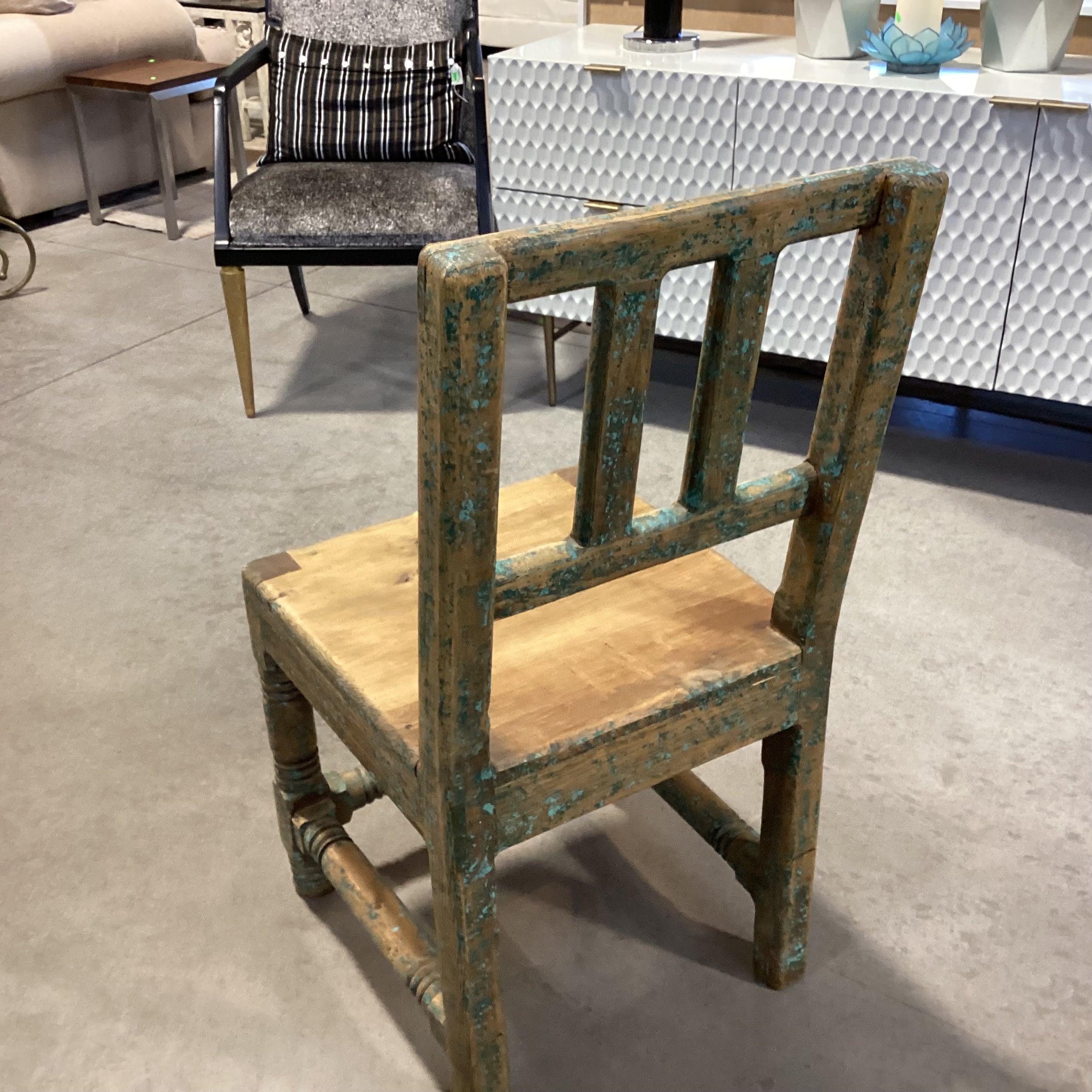 Santa Fe Style Carved Wood with Teal Distressing Chair 18"x 21"x 37"