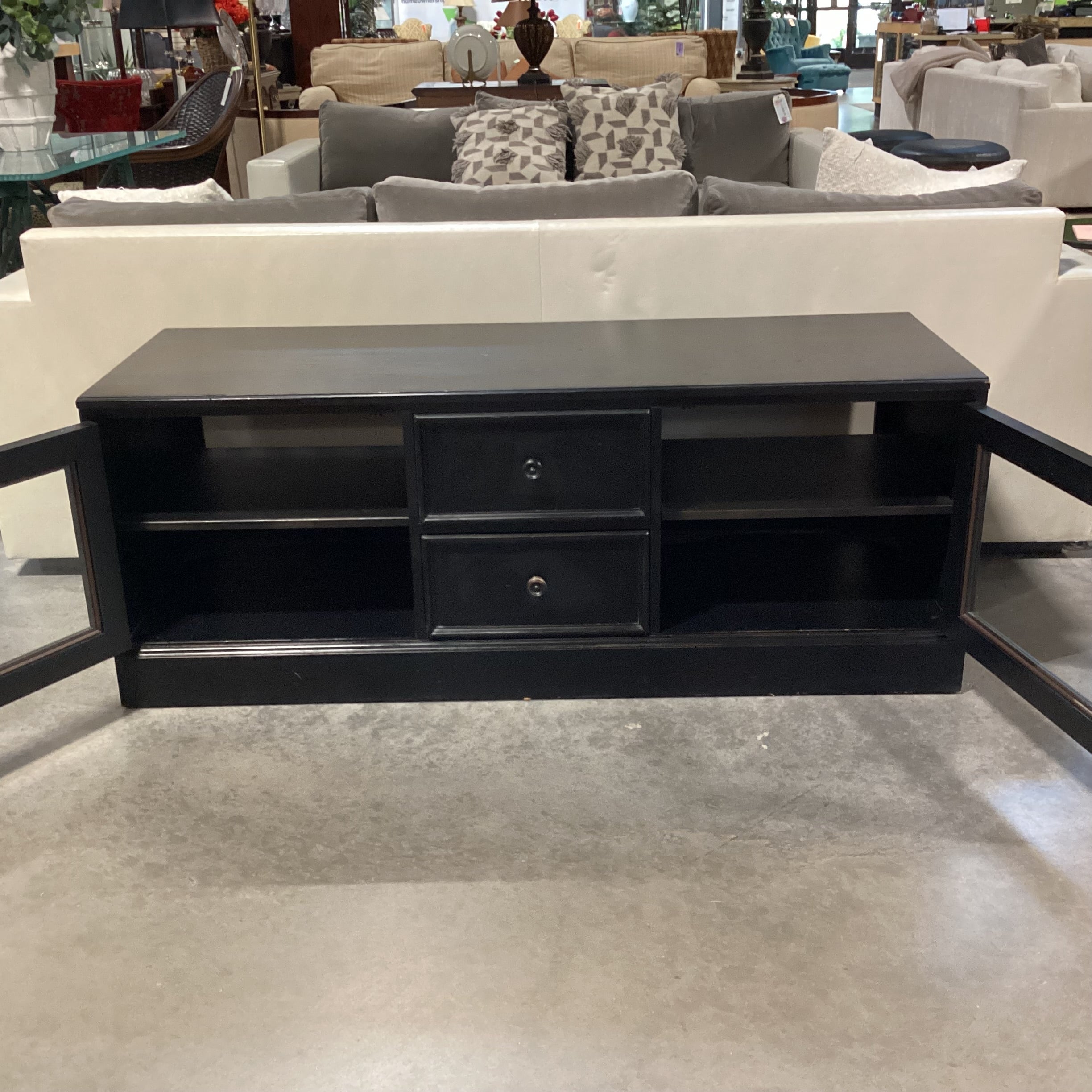 Ethan Allen New Country Distressed Black Wood 2 Glass Door with Shelves 2 Drawer Console 60"x 21.5"x 23"