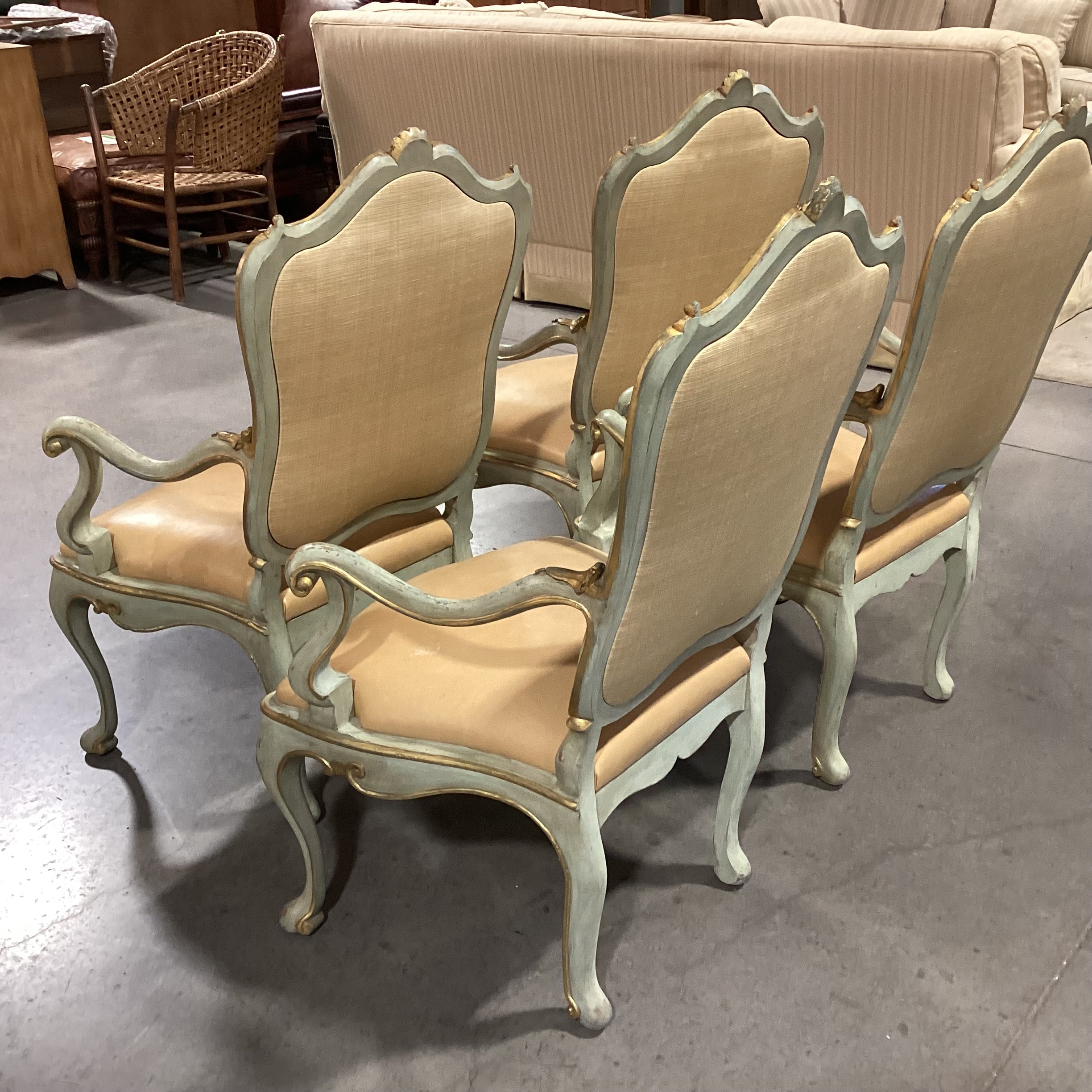 SET of 4 French Provincial Ornate Carved Wood with Gilded Accent & Leather Dining Chairs 26"x 26"x 42"