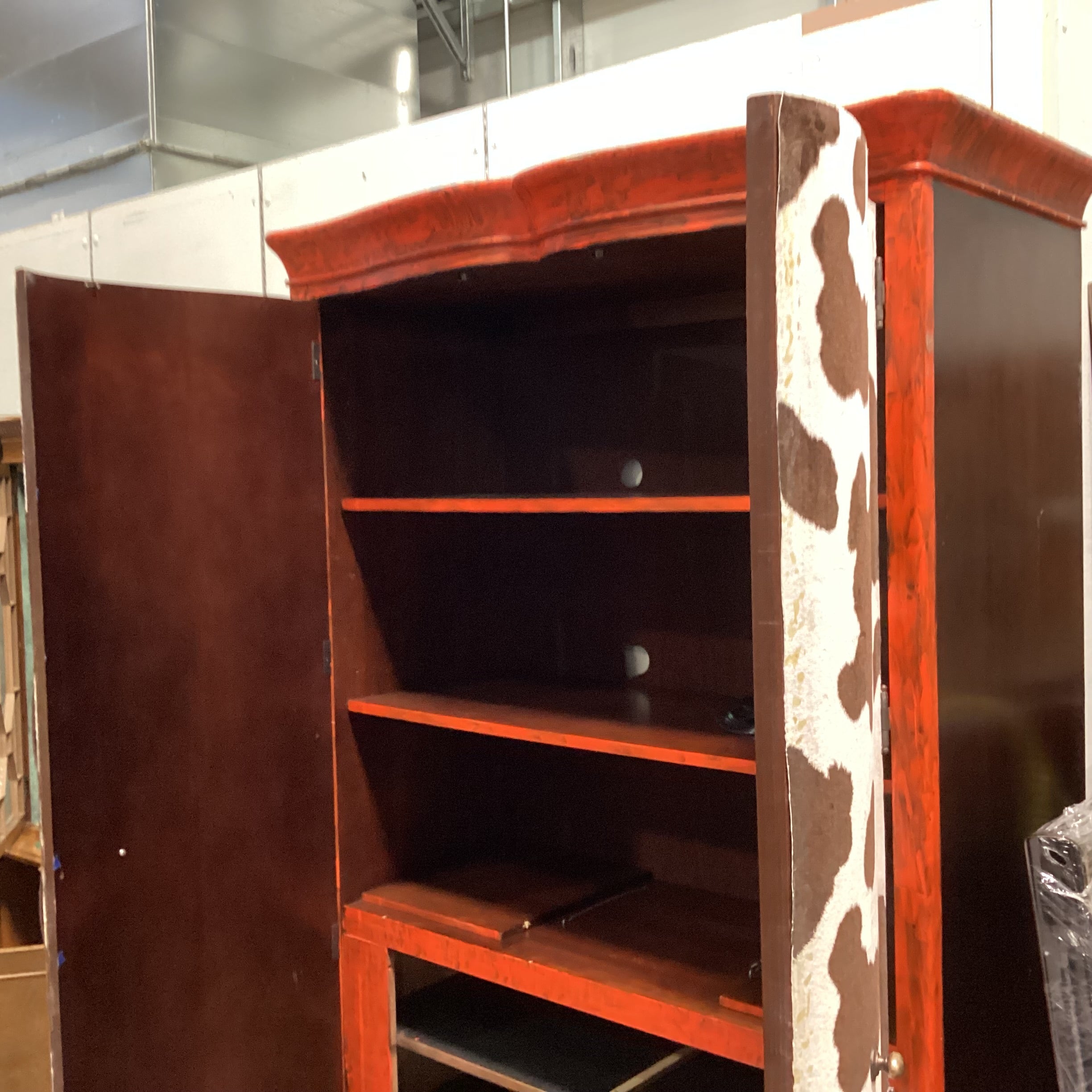 Solid Red Painted Wood with Faux Cowhide 2 Door with Shelves Armoire 50"x 24"x 83"