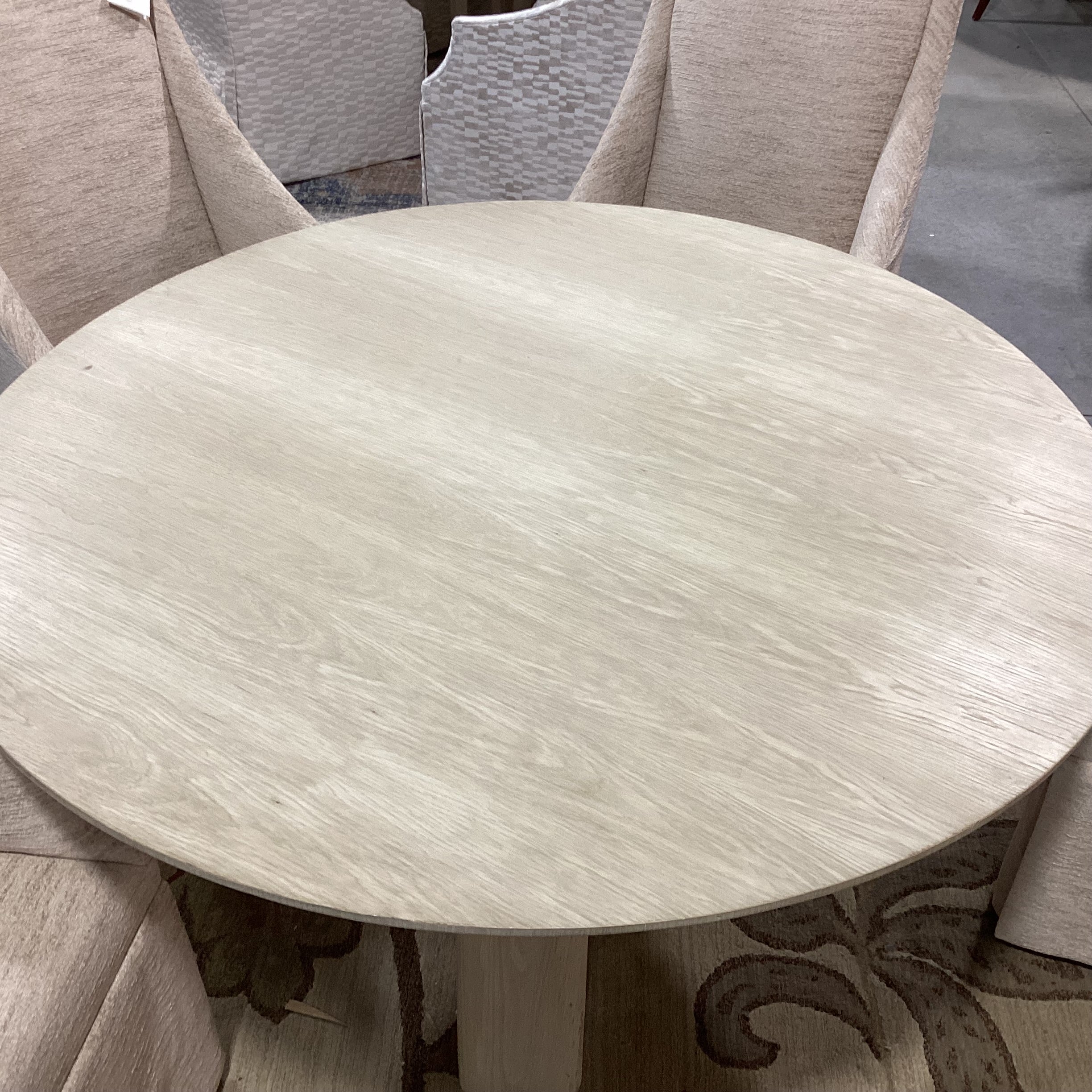 Custom Round Washed Wood & 5 Century Furniture Beige Cream Chenille Woven Slope Arm Chairs Dining Set 60" Diameter x 29"